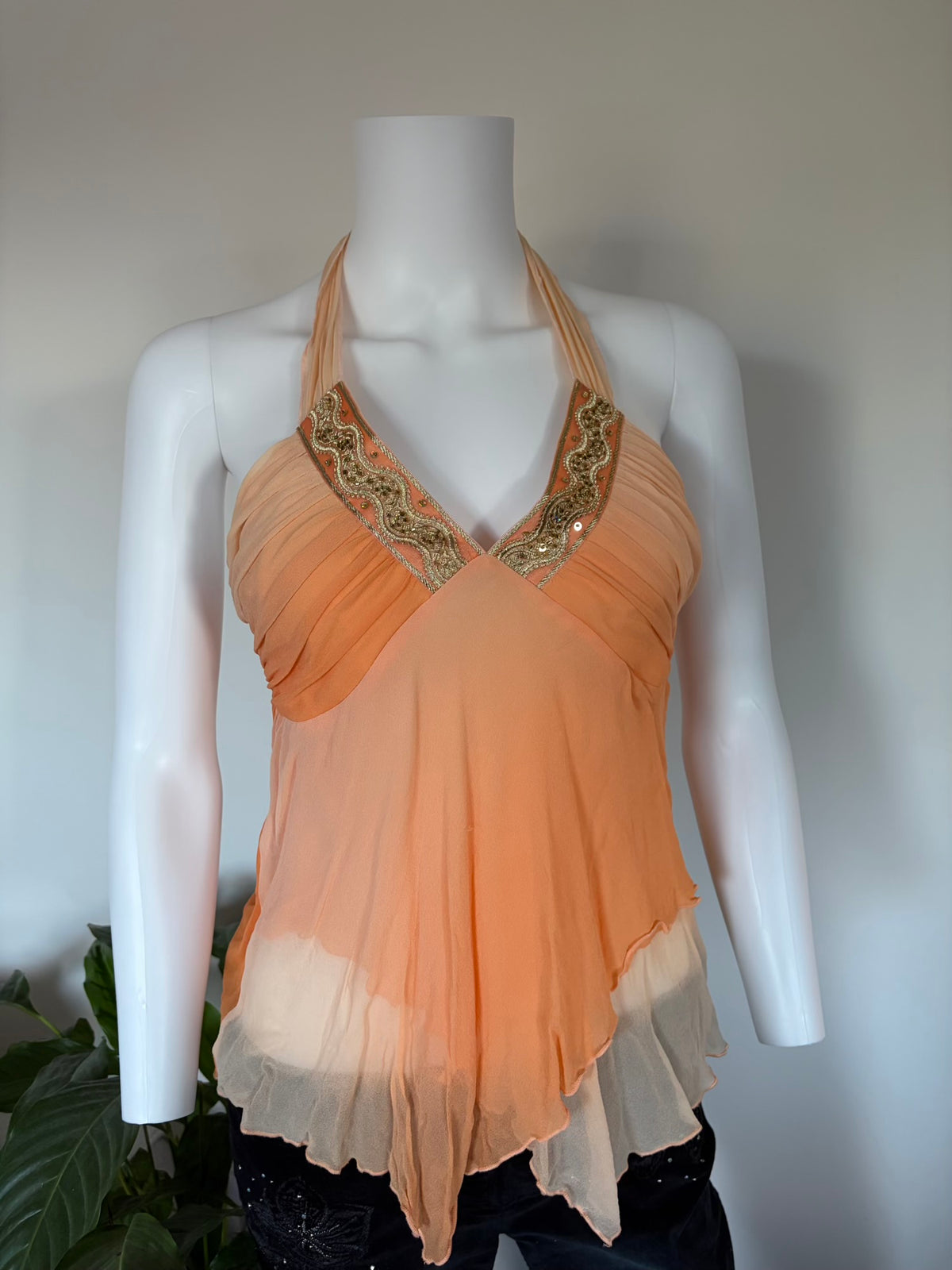 Vintage 2000s Silk Sunset Orange Asymmetrical Hem Halter with Beads and Sequins