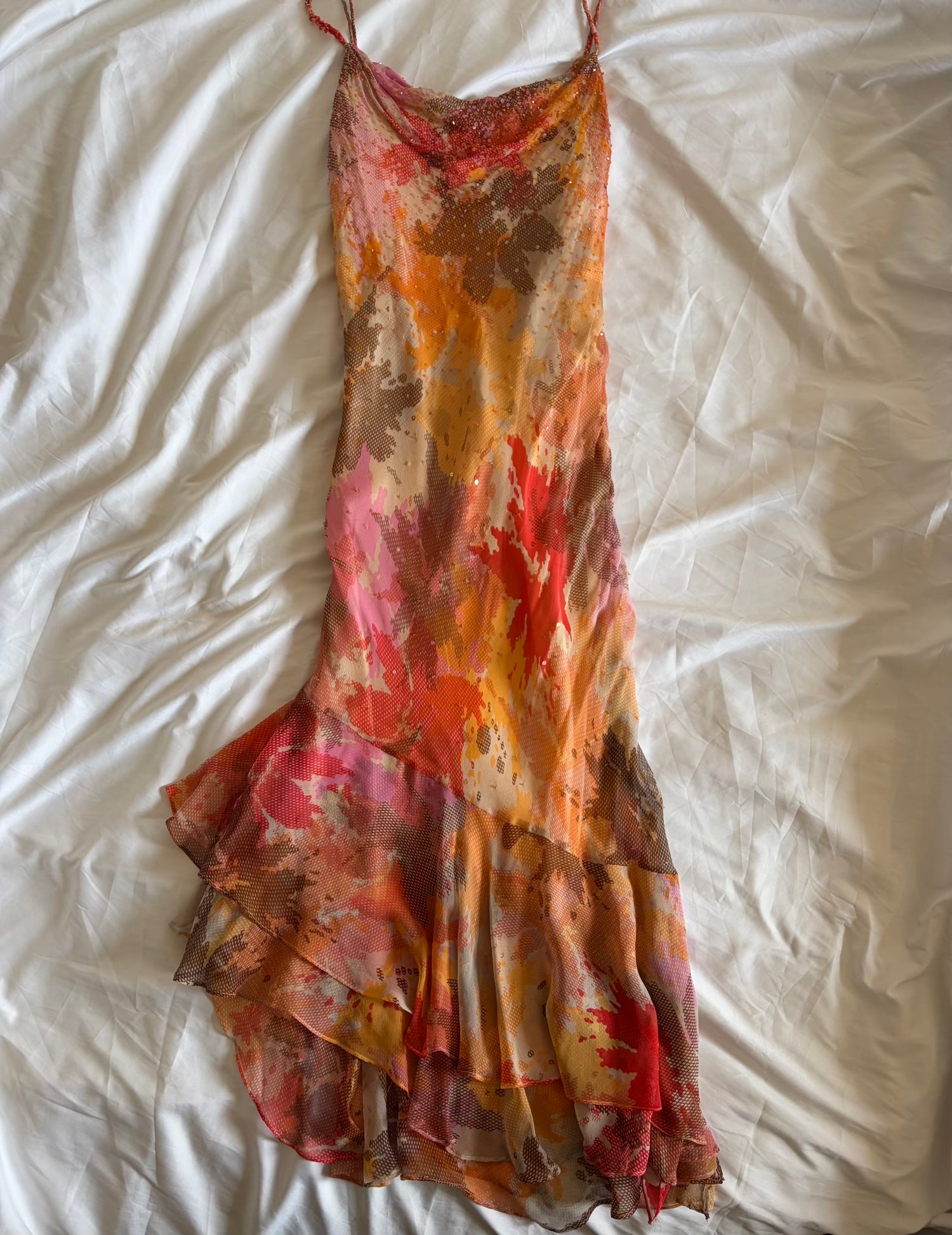 Vintage Y2K Rare Silk Asymmetrical Hem Sunset Orange, Red and Brown Midi Dress with Beads and Sequins