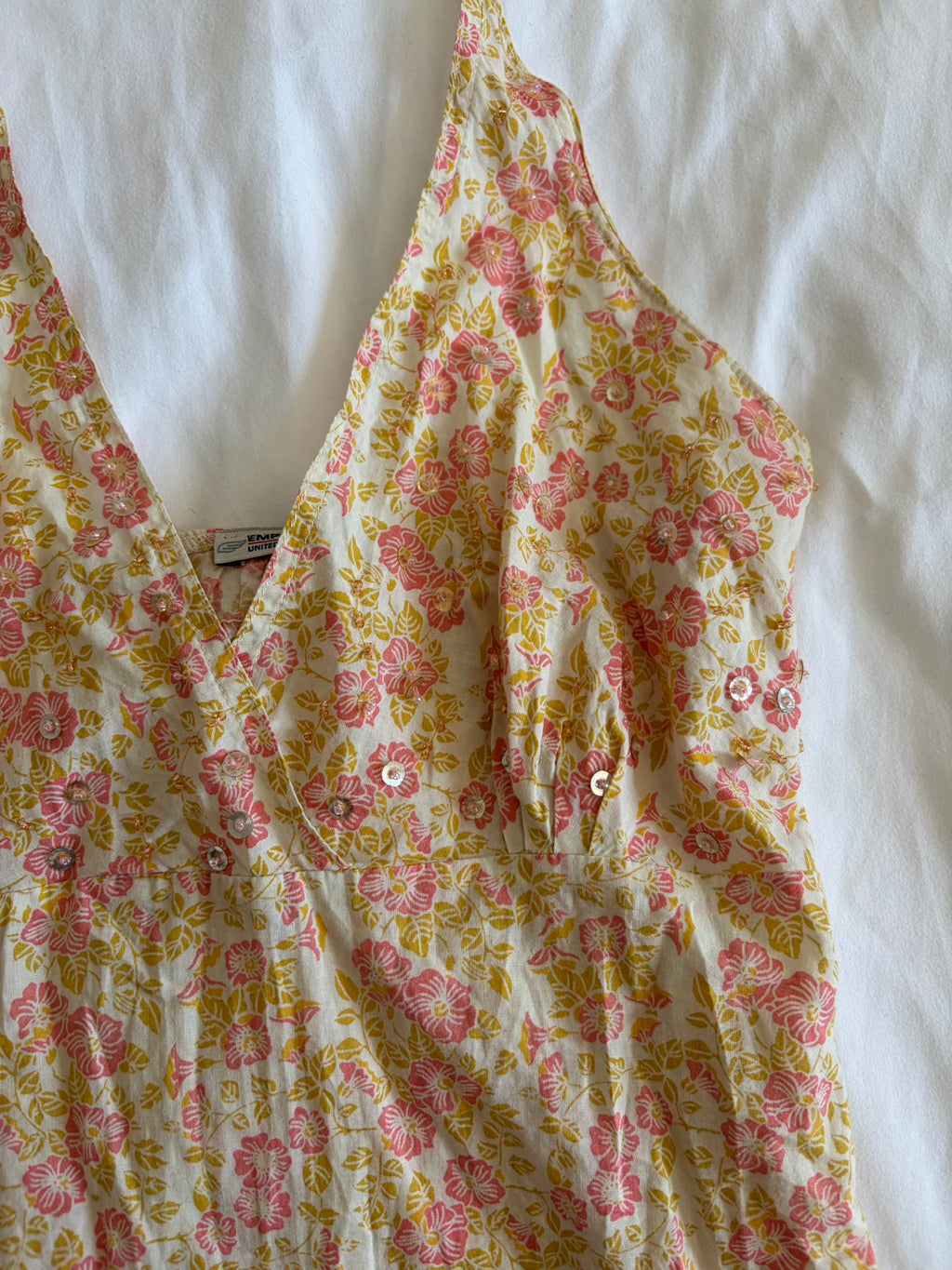 Vintage Y2K floral cotton halterneck with sequin and beads on the bust and split sides