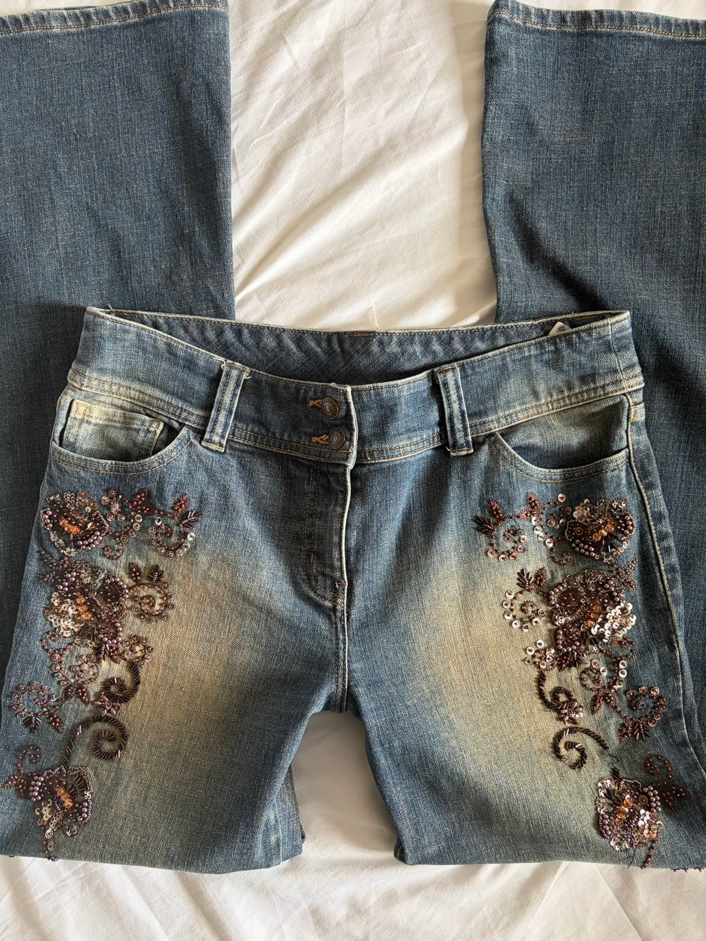 Vintage 2000s Mid Rise Bootcut Flared Jeans with Brown Embellishment and Beads
