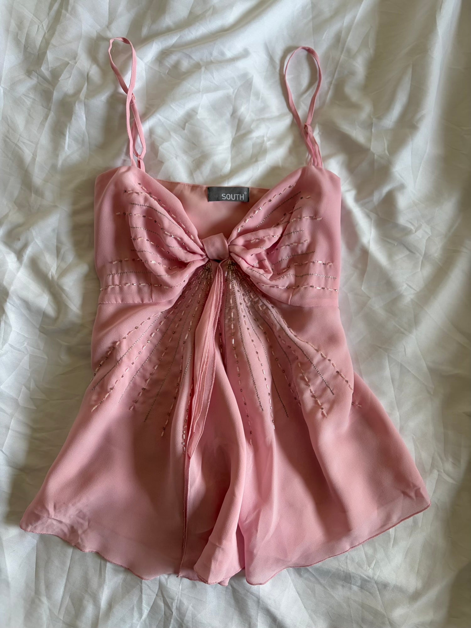 Vintage Y2K Baby Pink Silver Beaded Embellished Knot Bust Cami
