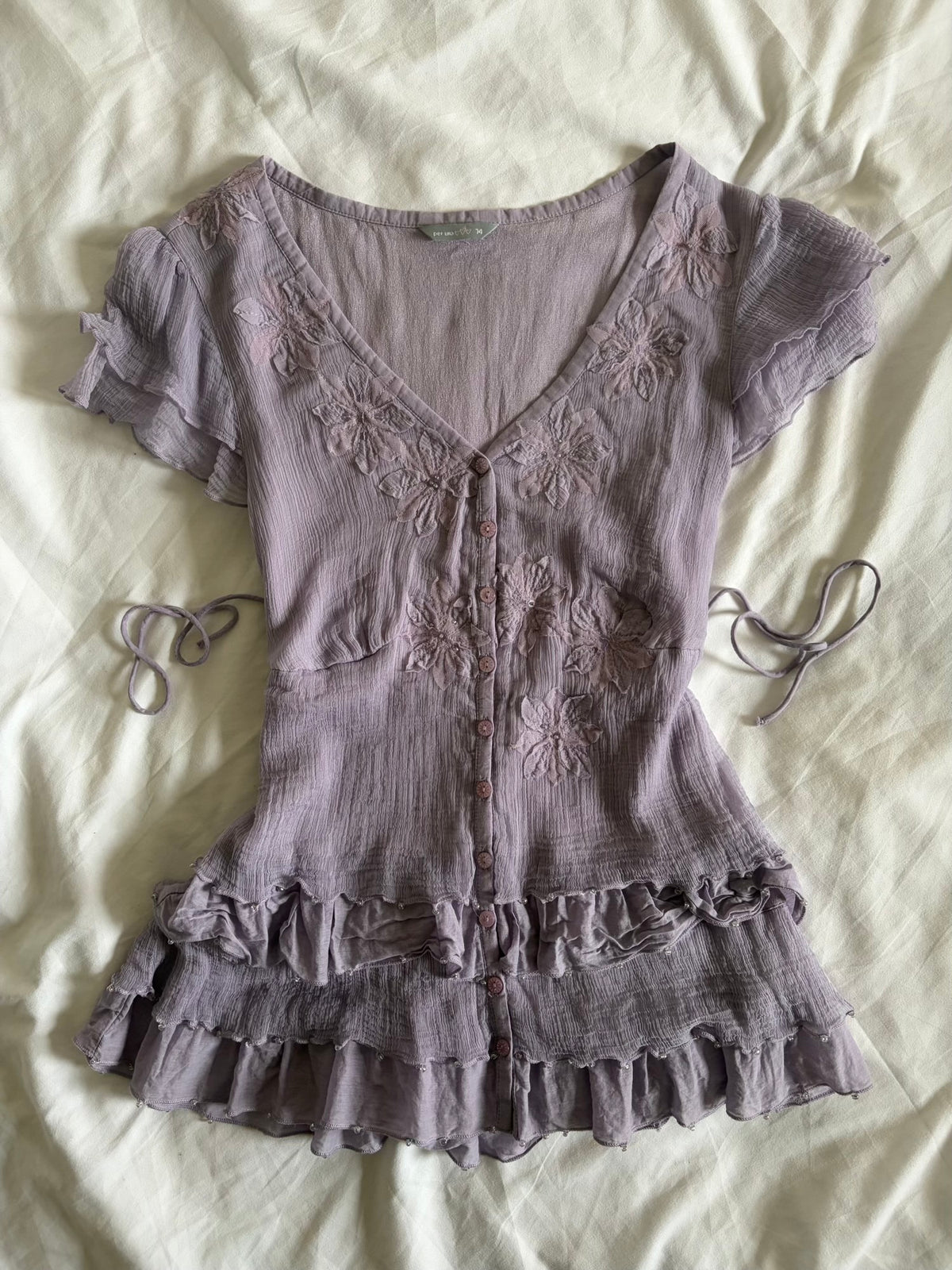 Vintage 2000s Lilac Tie Back Babydoll Blouse with Floral Appliqué, Beads and Sequins