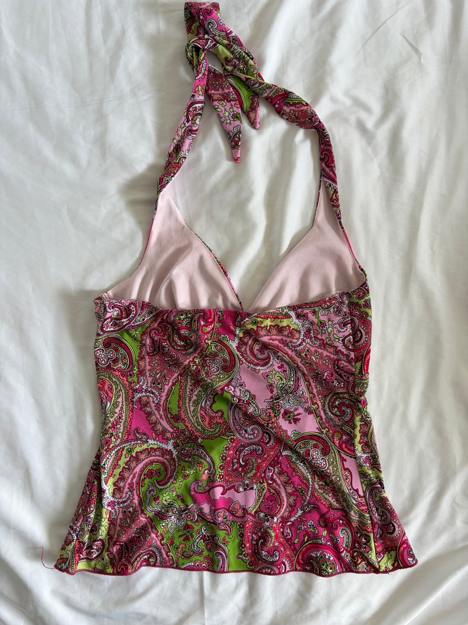 Vintage Y2K Pink and Green Paisley Halterneck Cami