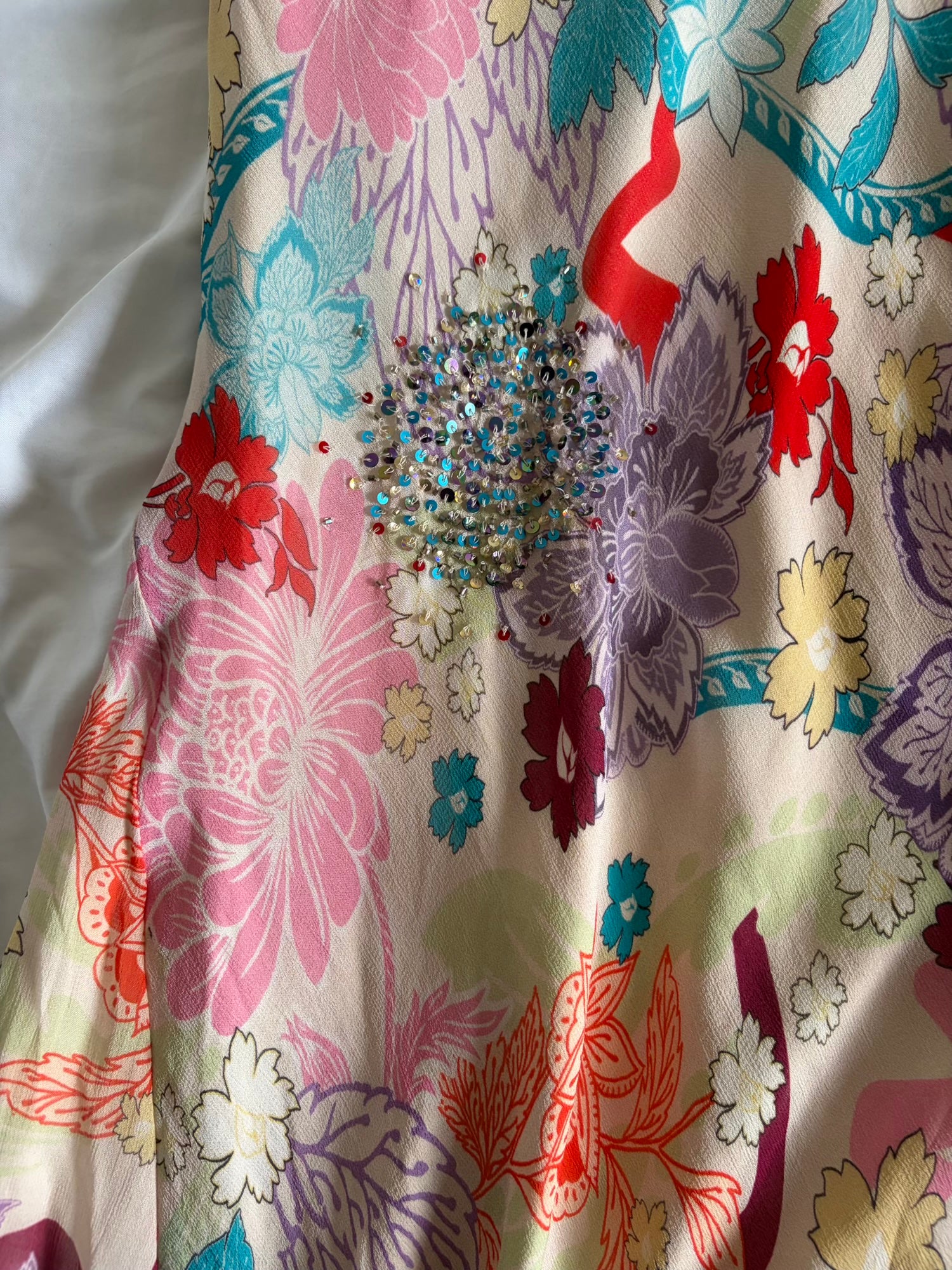 Vintage Y2K Cream Floral Fairy Dress with Sequin and Beaded Details
