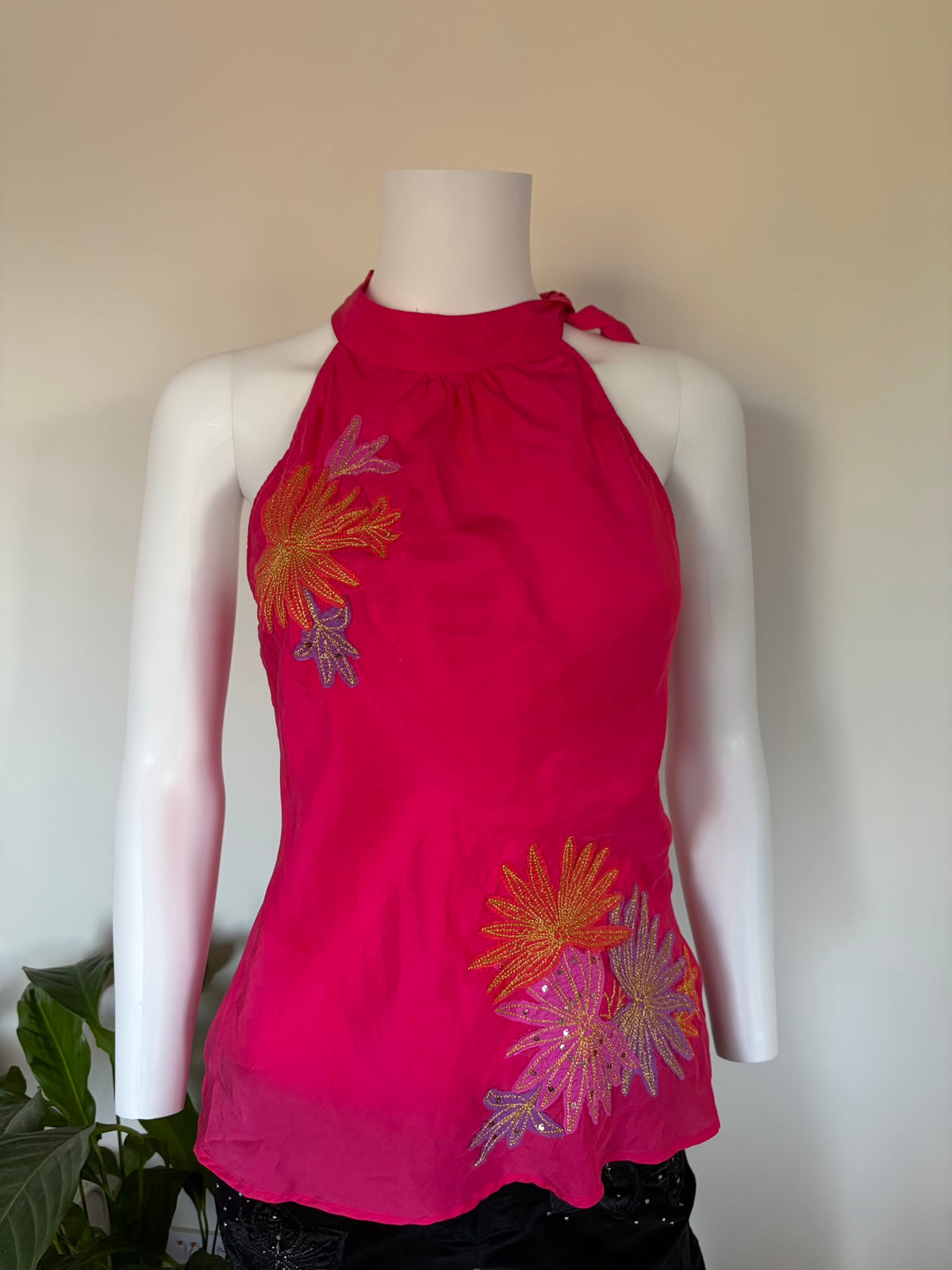 Vintage 2000s Silk Pink Halterneck Cami with Floral Appliqué, Embroidery and Sequins