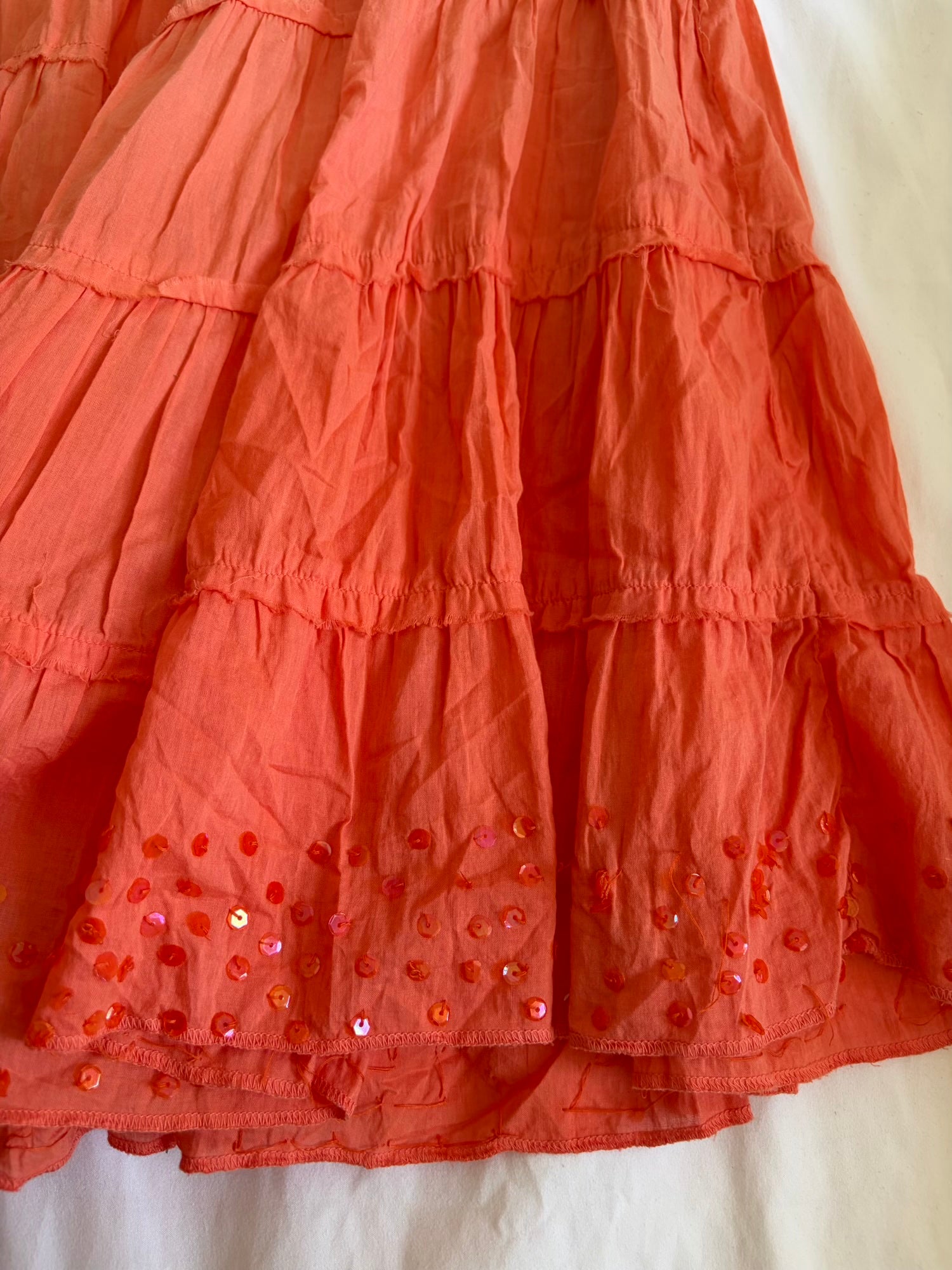 Vintage Y2K sunset orange cotton midi tiered skirt with sequin hem