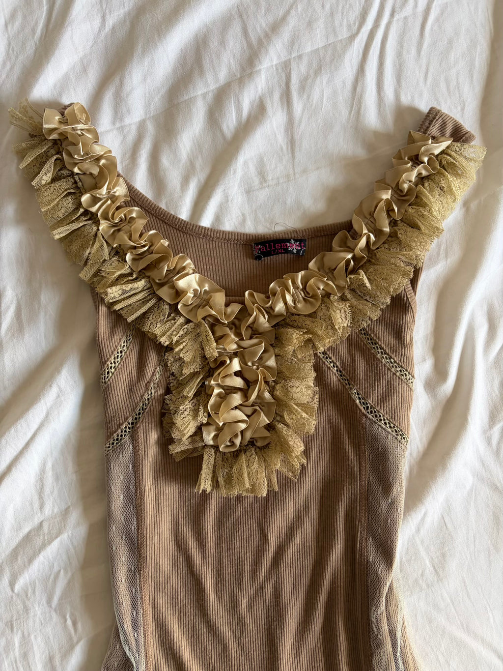 Vintage Y2K Beige Mini Dress with Mesh Polka Dot Hem and Ribbon