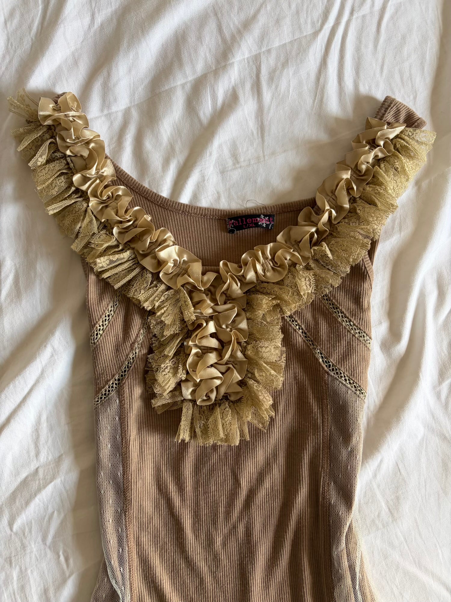 Vintage Y2K Beige Mini Dress with Mesh Polka Dot Hem and Ribbon