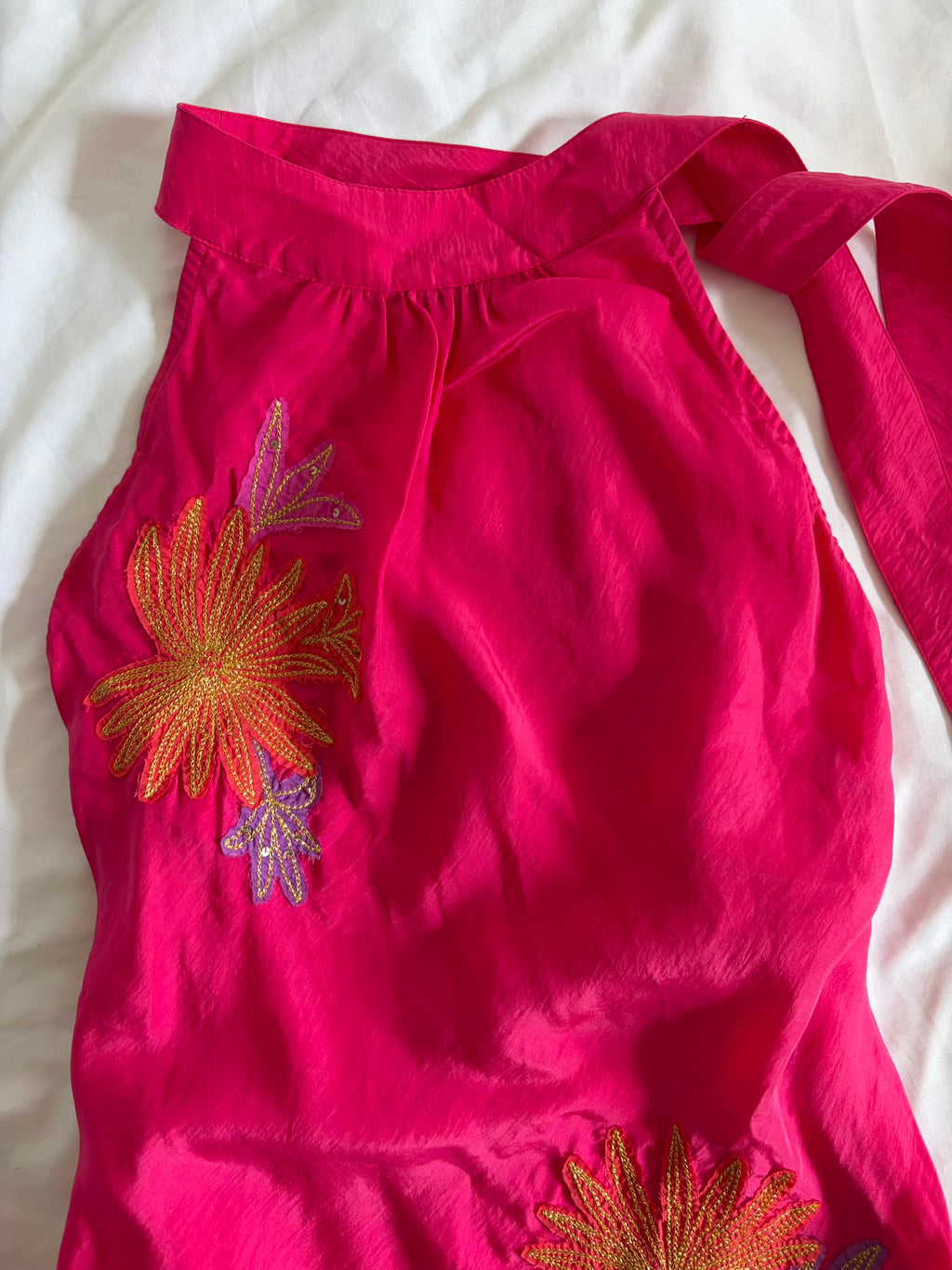 Vintage 2000s Silk Pink Halterneck Cami with Floral Appliqué, Embroidery and Sequins