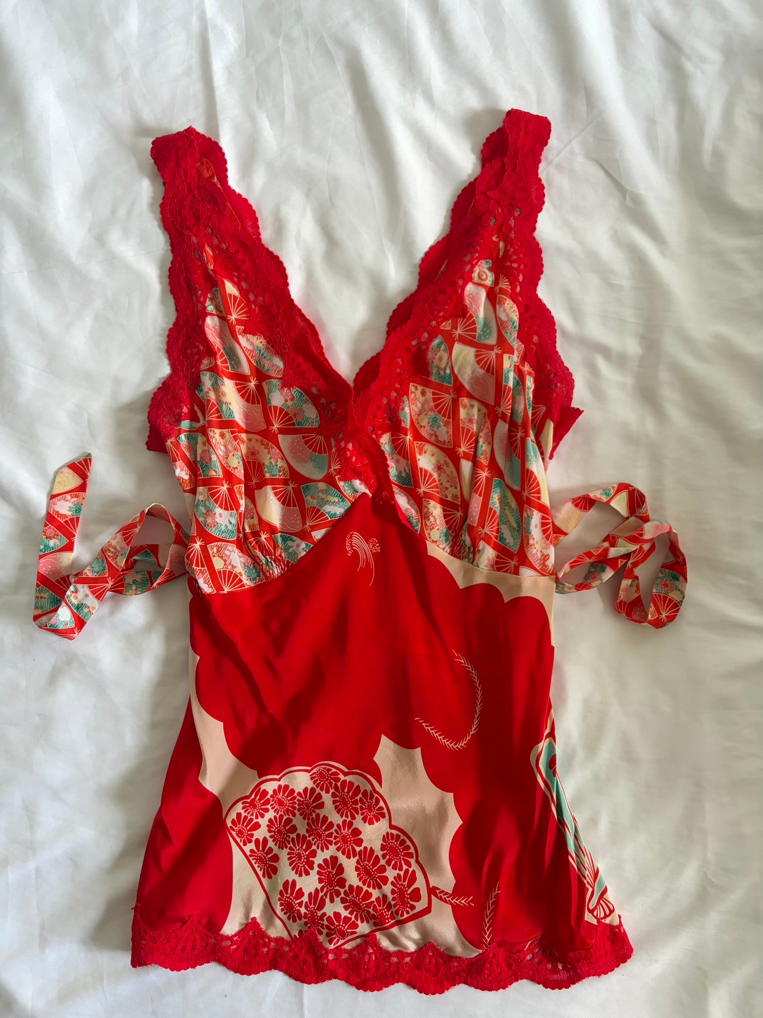 Vintage Y2K Silk Red and Turquoise Tie Back Top