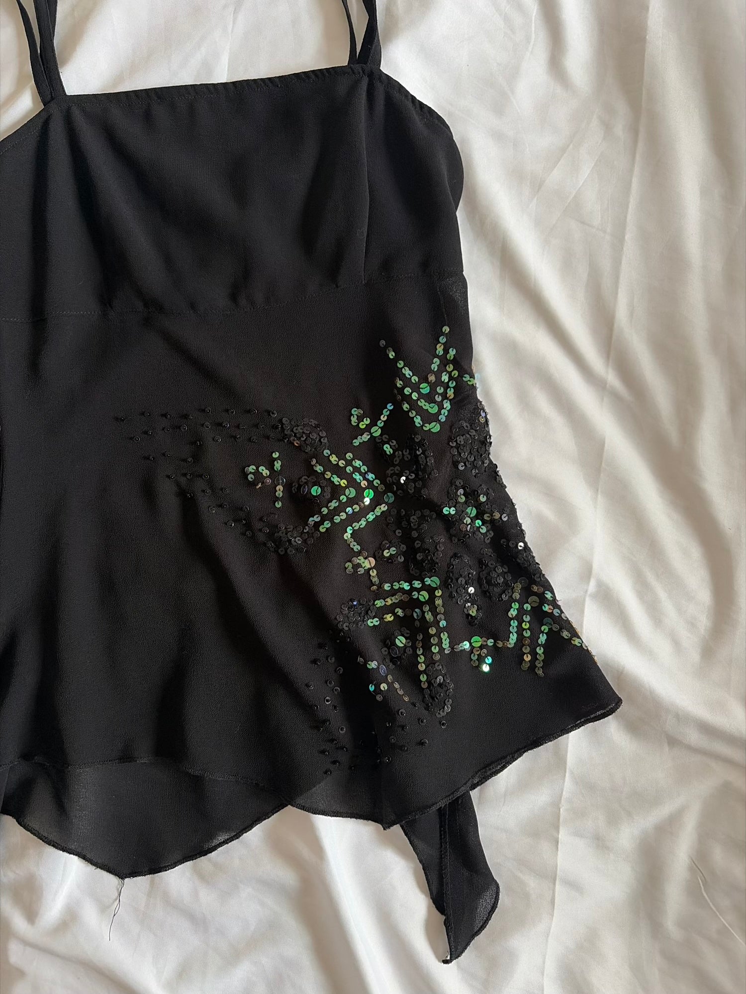 Vintage 1990s Black Handkerchief Hem Cami with Iridescent Green Sequins