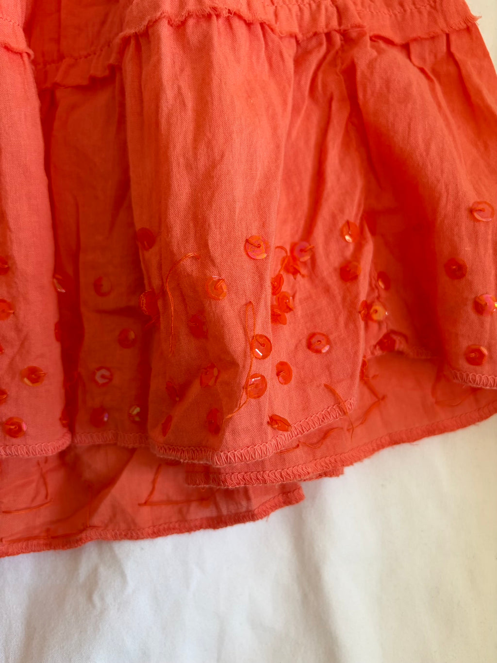 Vintage Y2K sunset orange cotton midi tiered skirt with sequin hem