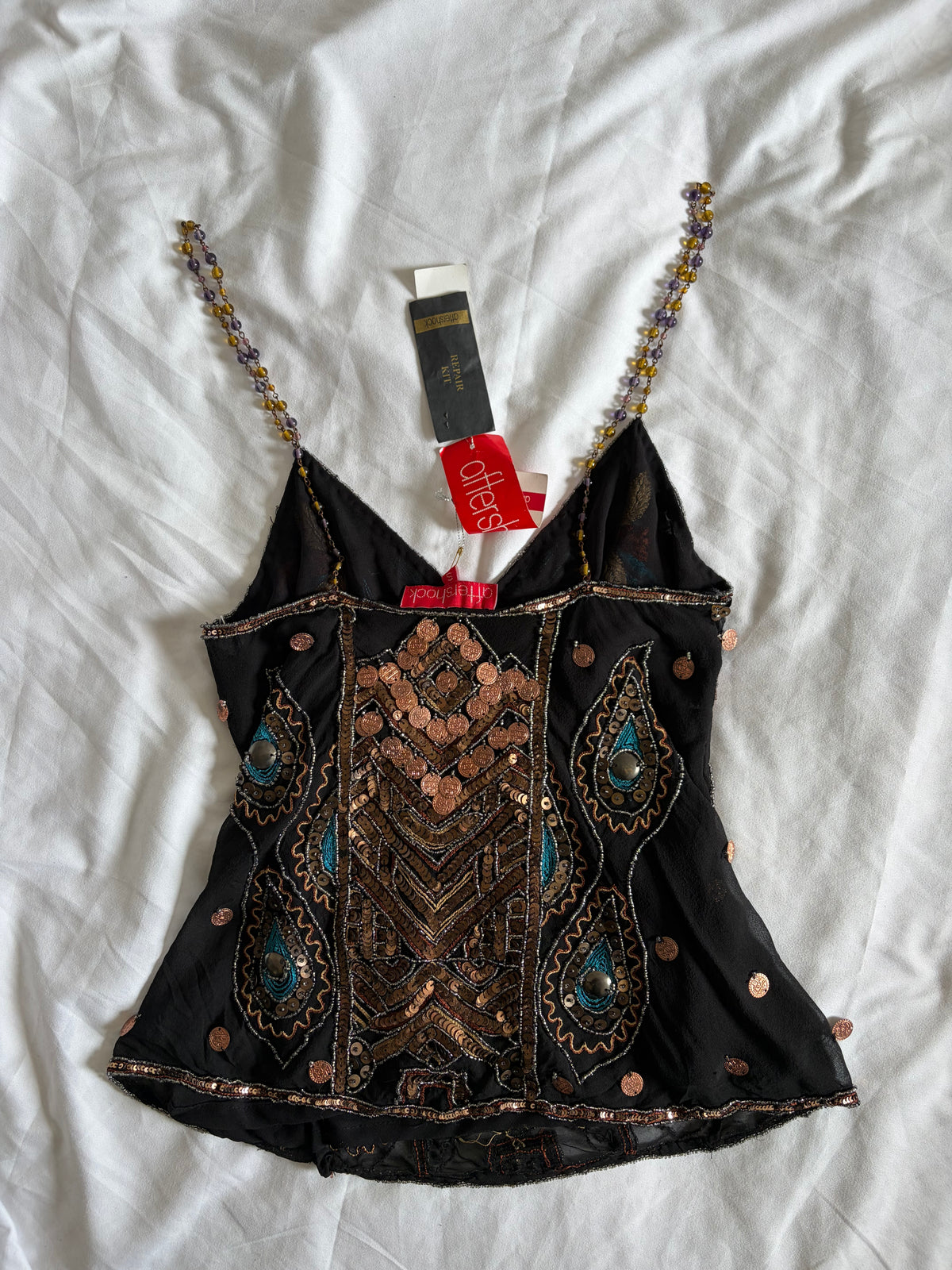 Vintage Aftershock Silk Black Embellished Sequin and Beaded Cami