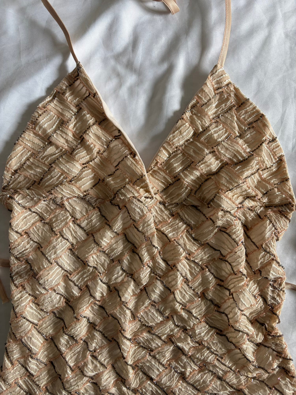 Handmade Backless Beige Cami with Baby Pink and Gun Metal Grey Beads