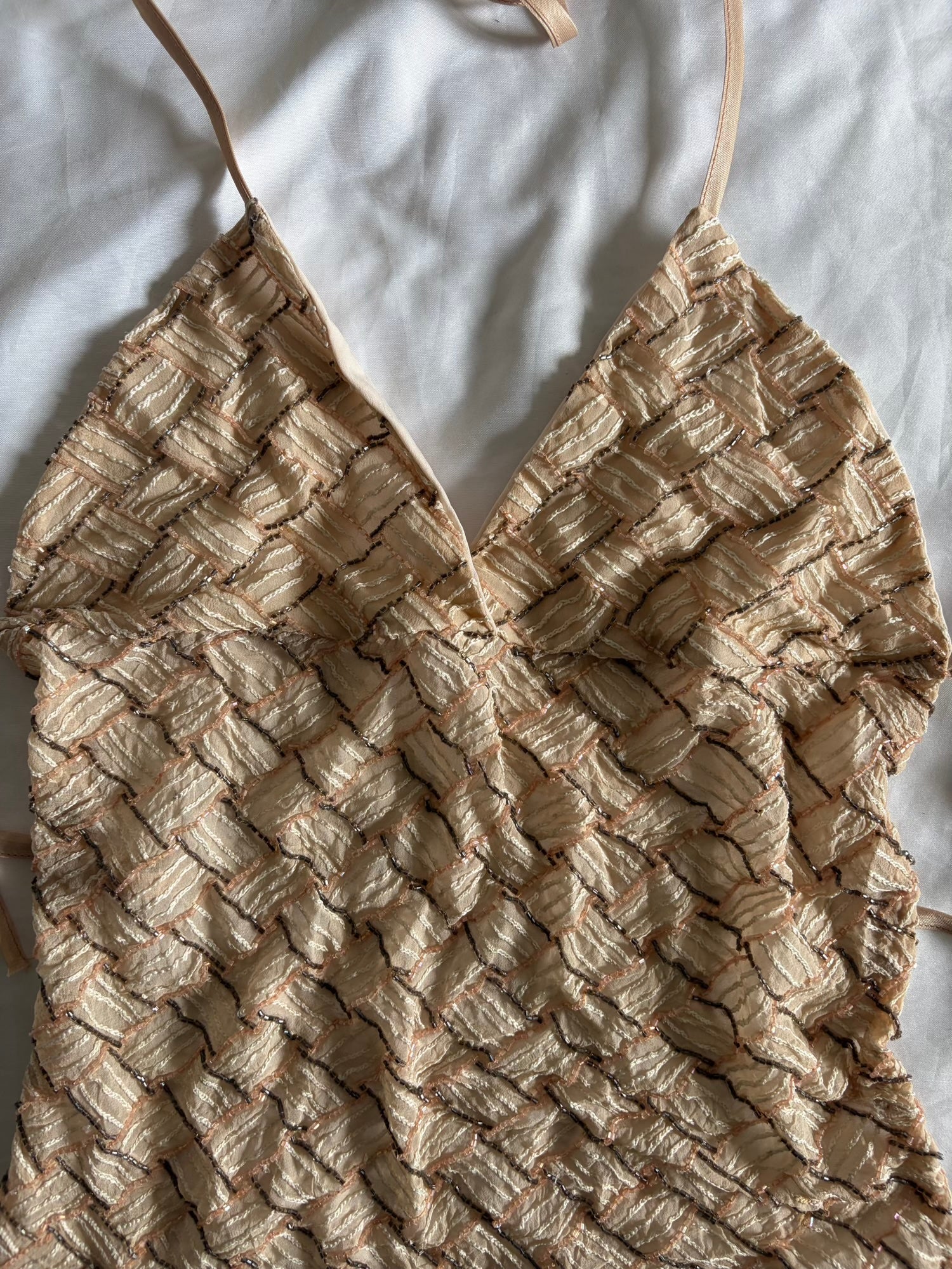 Handmade Backless Beige Cami with Baby Pink and Gun Metal Grey Beads