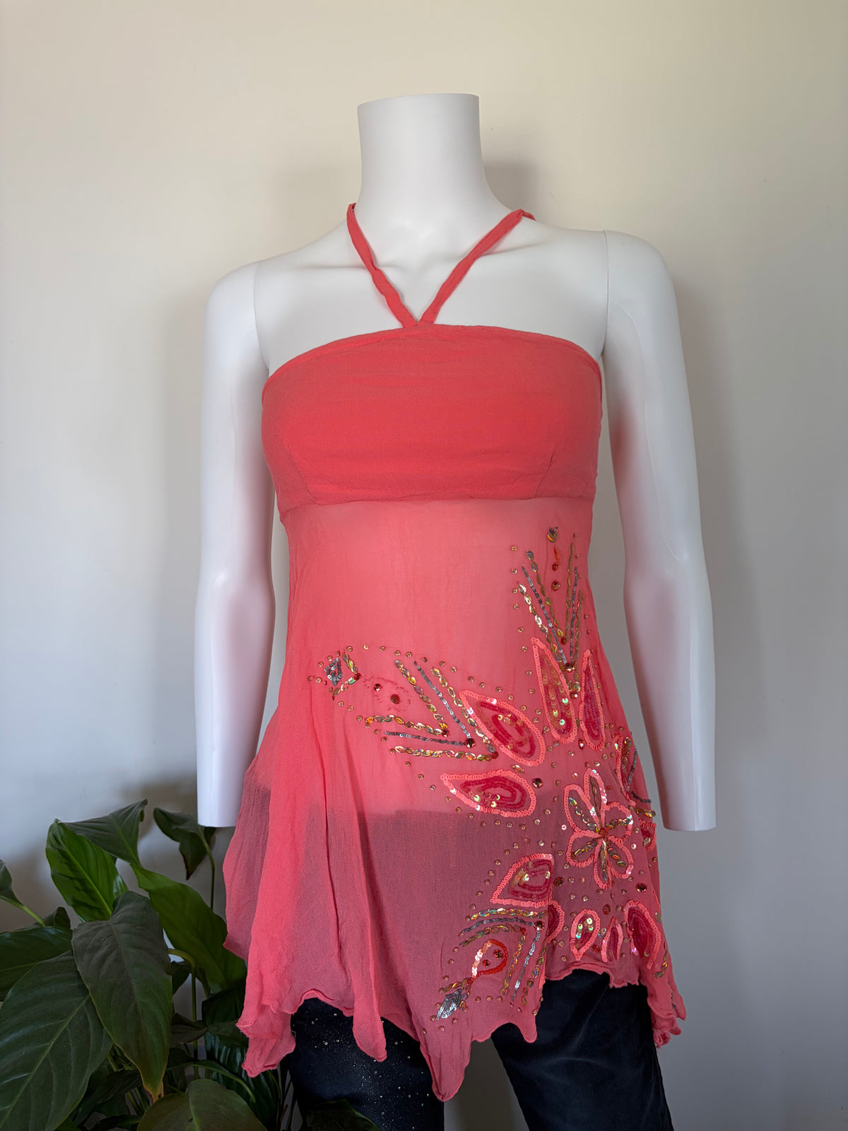 Vintage 2000s Morgan de Toi Coral Beaded Sequin Bandeau Halter