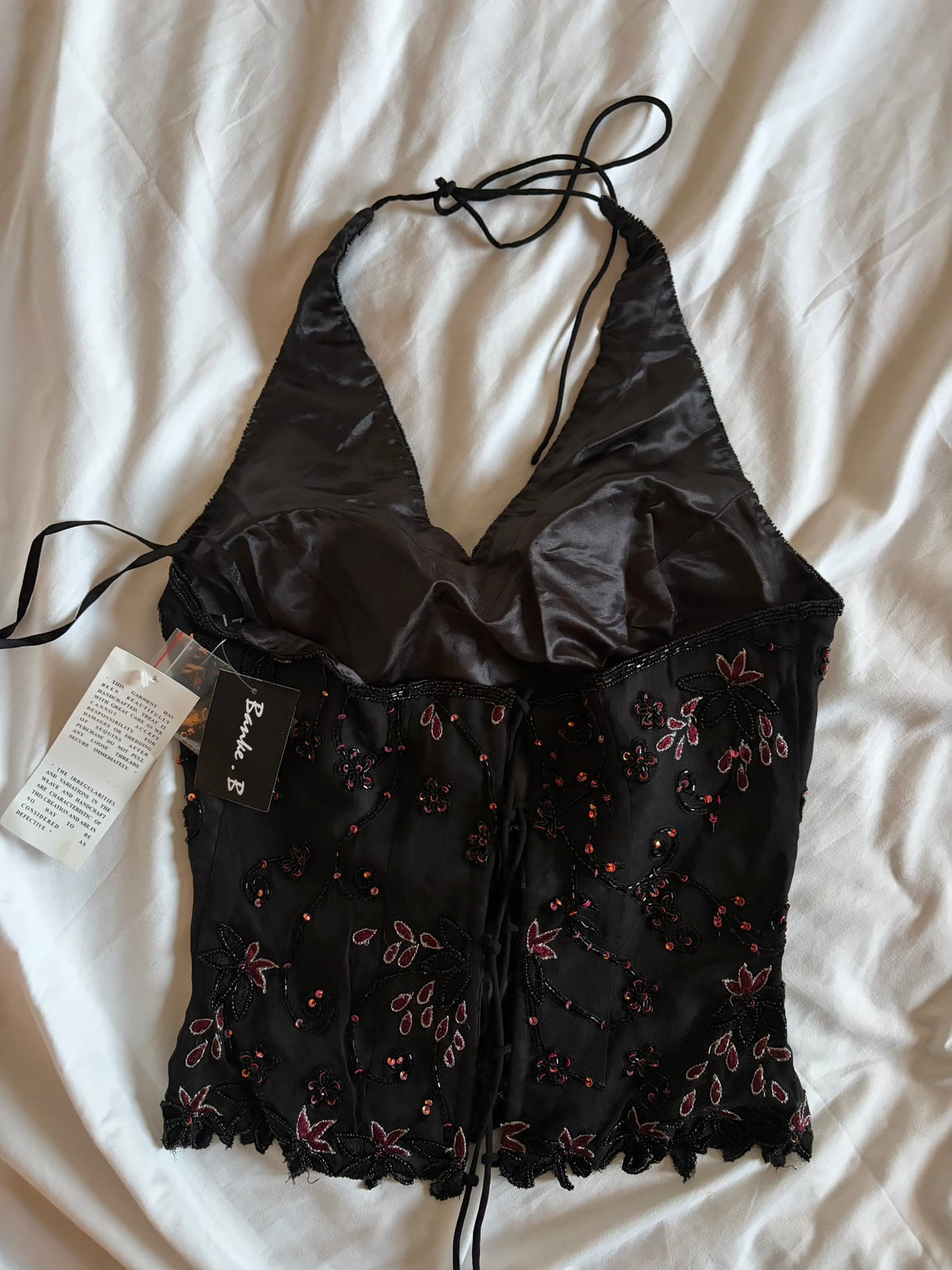 Vintage 2000s Silk Black Sequin and Beaded Corset Halter – Size 12–14