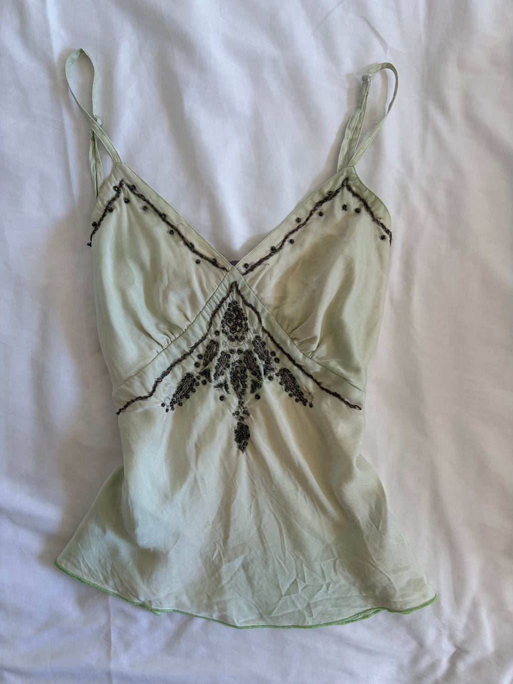 Vintage 1990s Mint Green Silk Cami with Embellishment and Beads