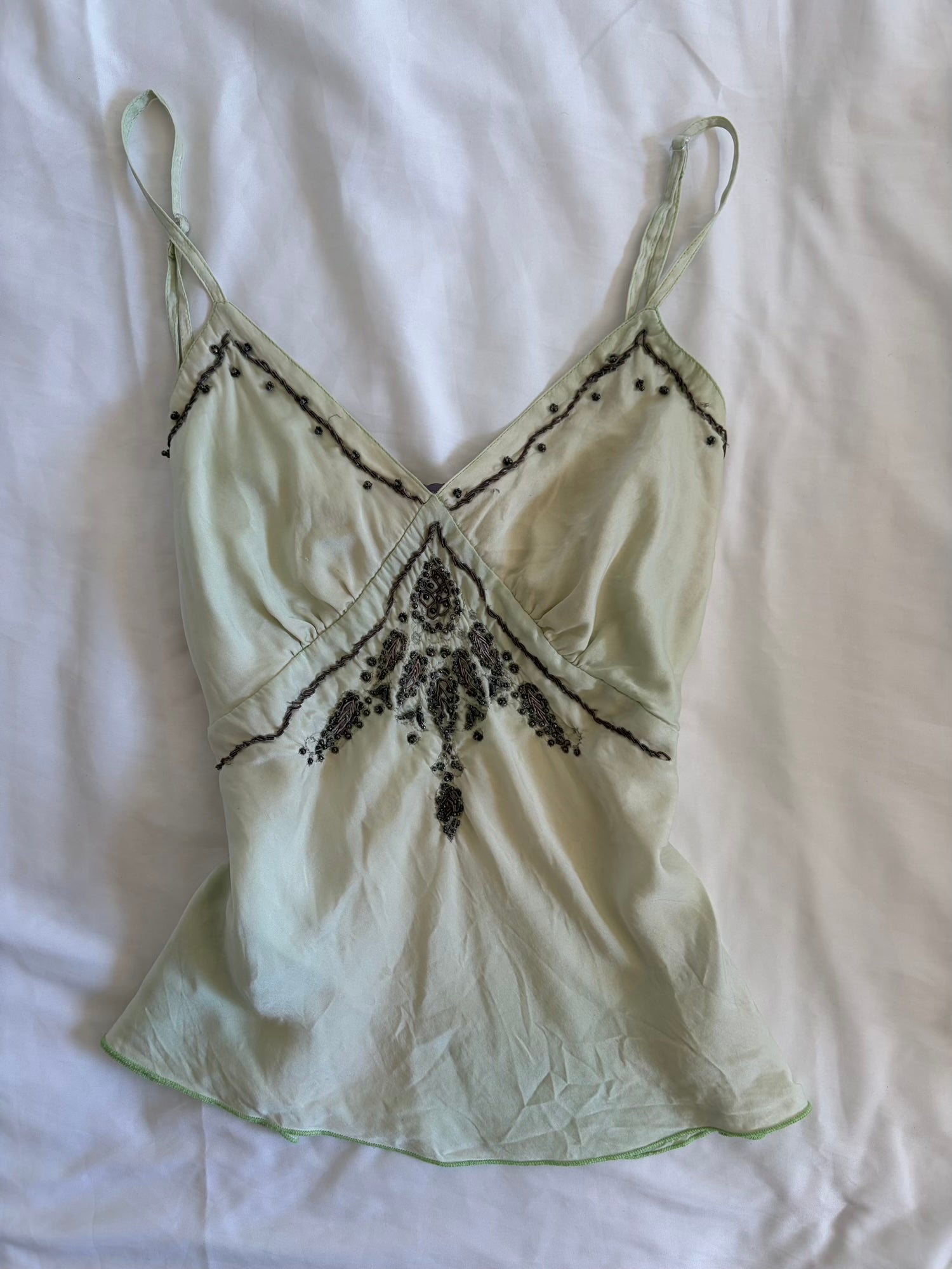 Vintage 1990s Mint Green Silk Cami with Embellishment and Beads