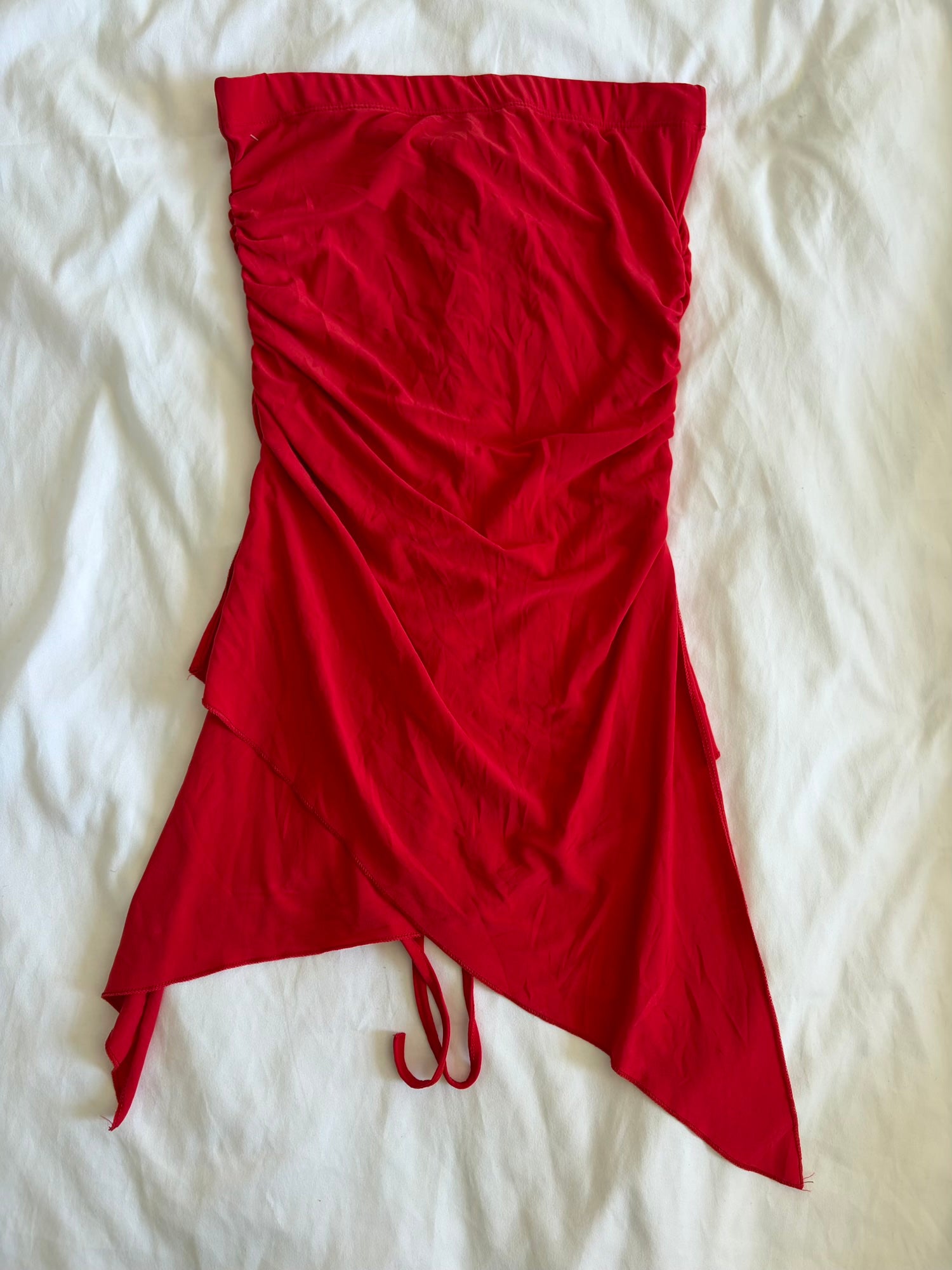 Vintage Y2K French red bandeau top with asymmetrical hem and diamonte detail with side ruching