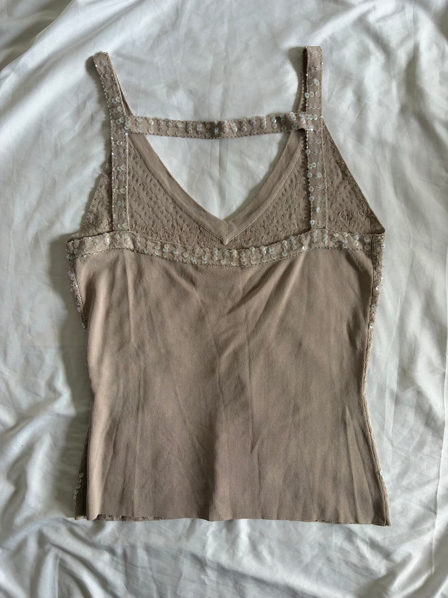 Vintage Y2K Knit Cami with Iridescent Sequins and Beads and Crossback Detail