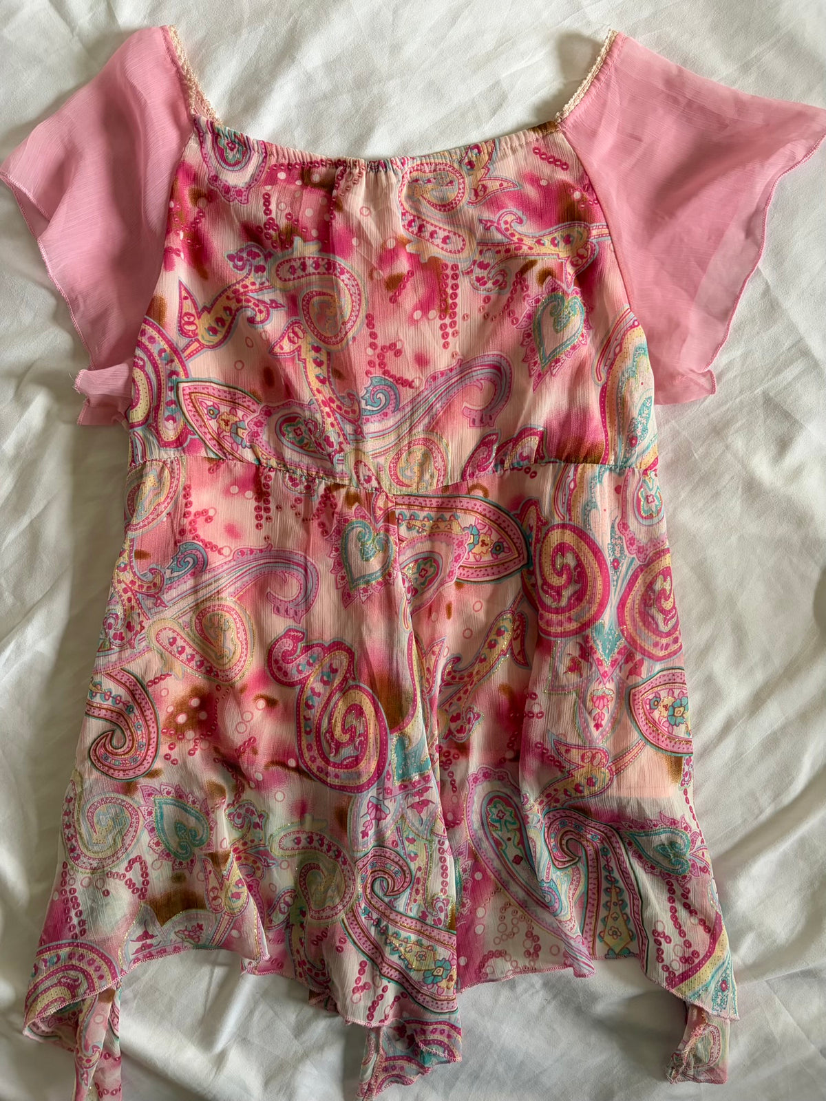 Vintage 2000s Pink Handkerchief Hem Sparkly Paisley and Floral Blouse