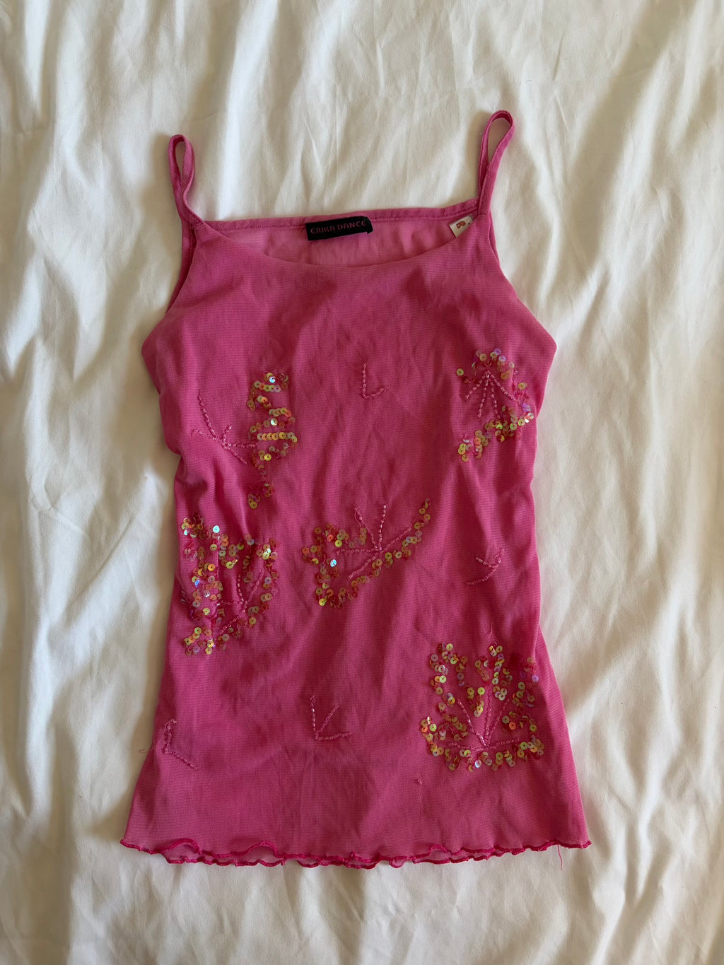 Vintage Y2K bubblegum pink micromesh cami with sequin and beaded detail