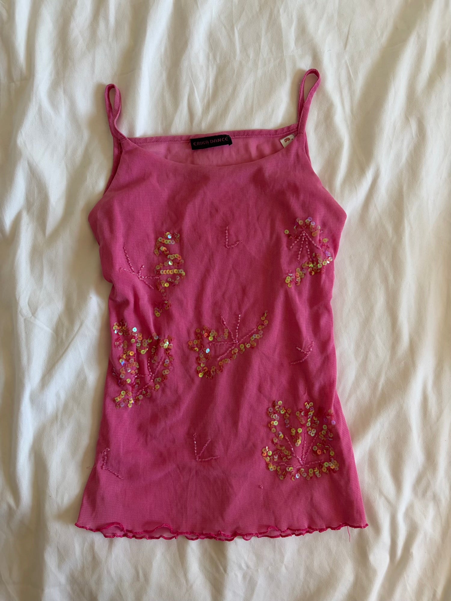 Vintage Y2K bubblegum pink micromesh cami with sequin and beaded detail