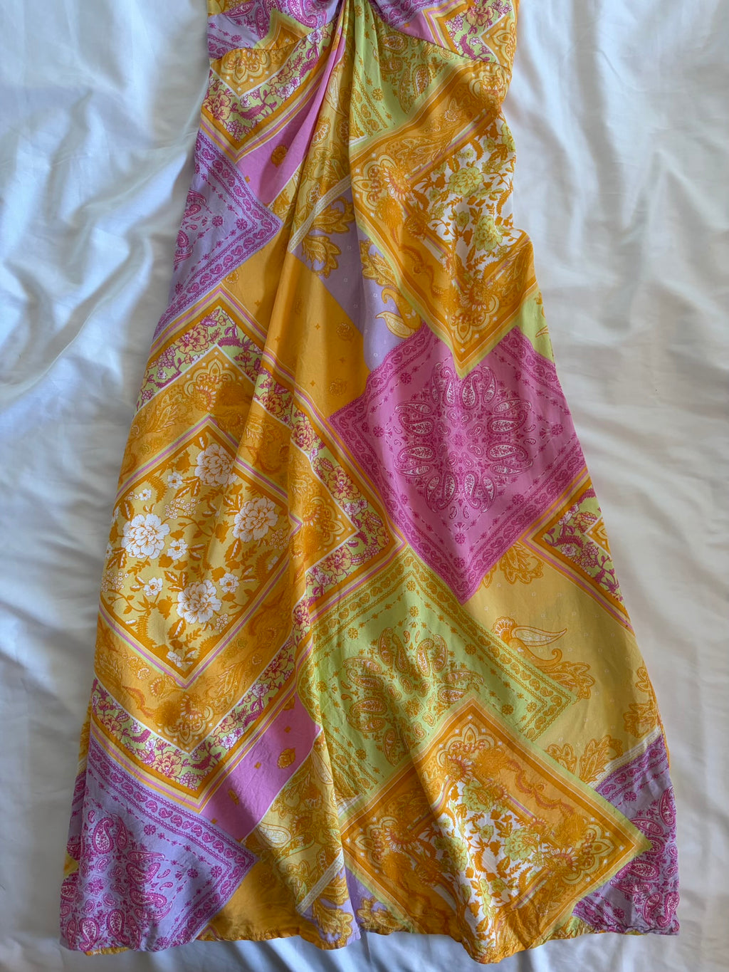 2010s Patchwork Paisley Yellow Lilac Orange and Pink Mini Dress