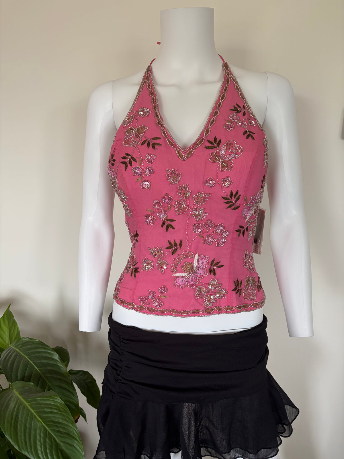 Vintage 2000s Banke B Silk Pink Sequin and Beaded Corset Halter, UK 10–12