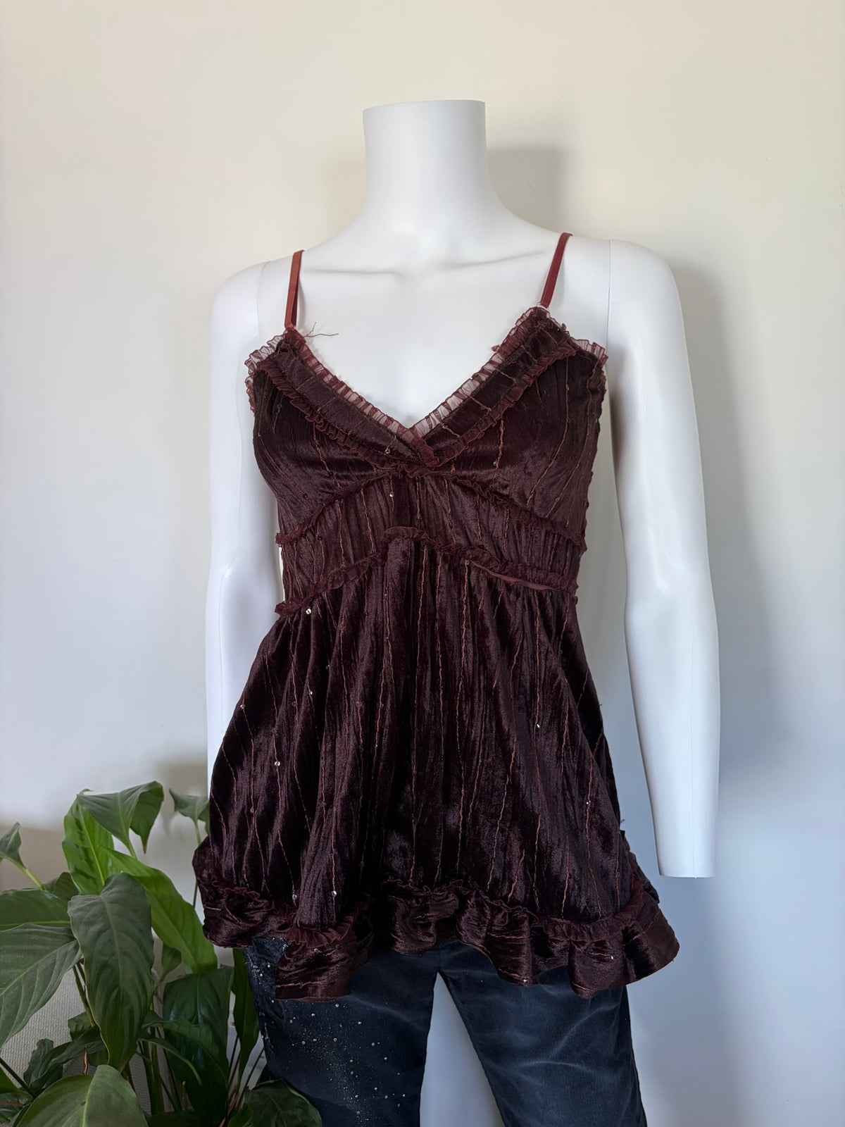Vintage 1990s Brown Velvet Babydoll Cami with Sequins