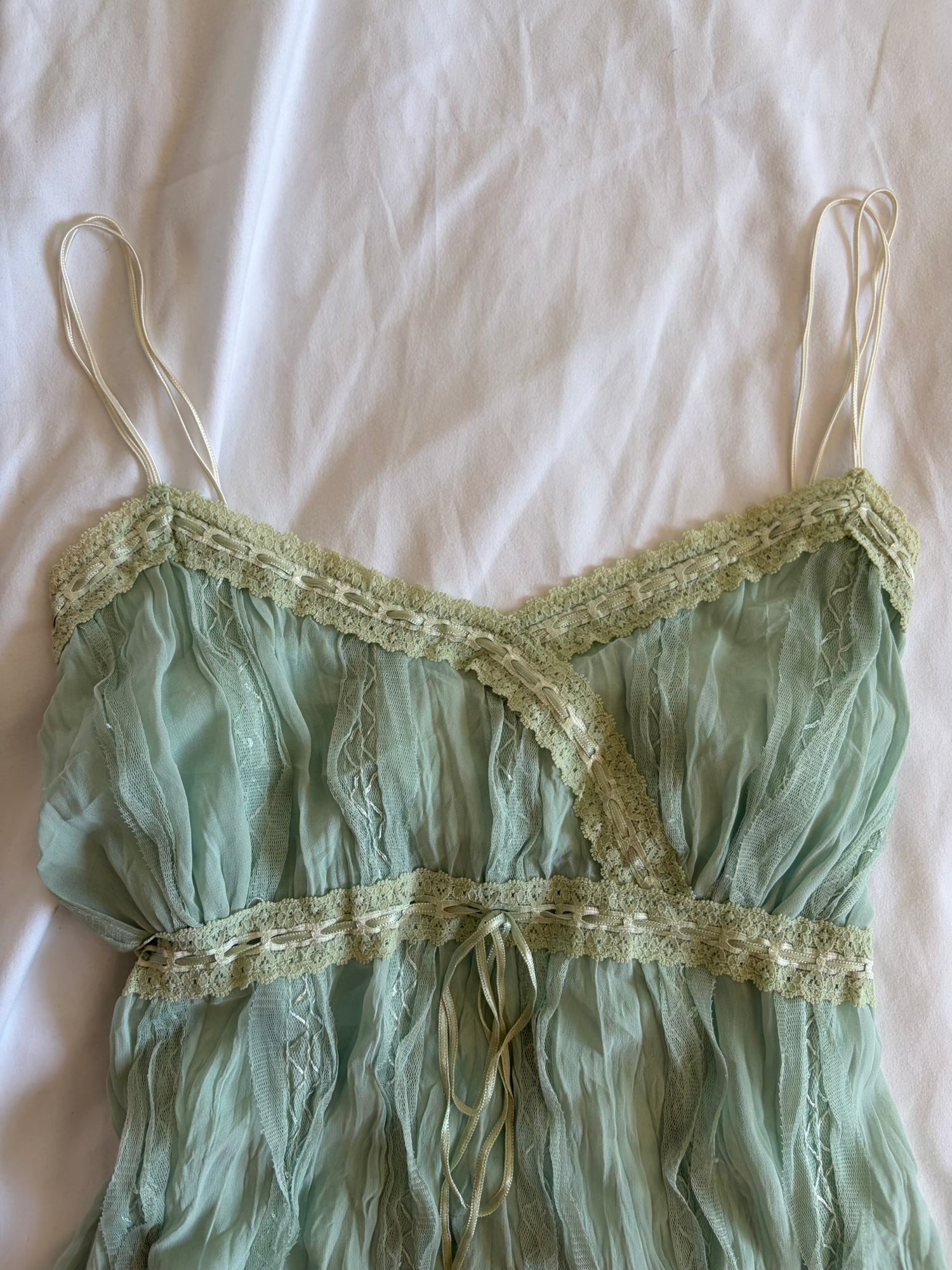 Vintage Y2K mint Japanese cami with lace, ribbon and sequins