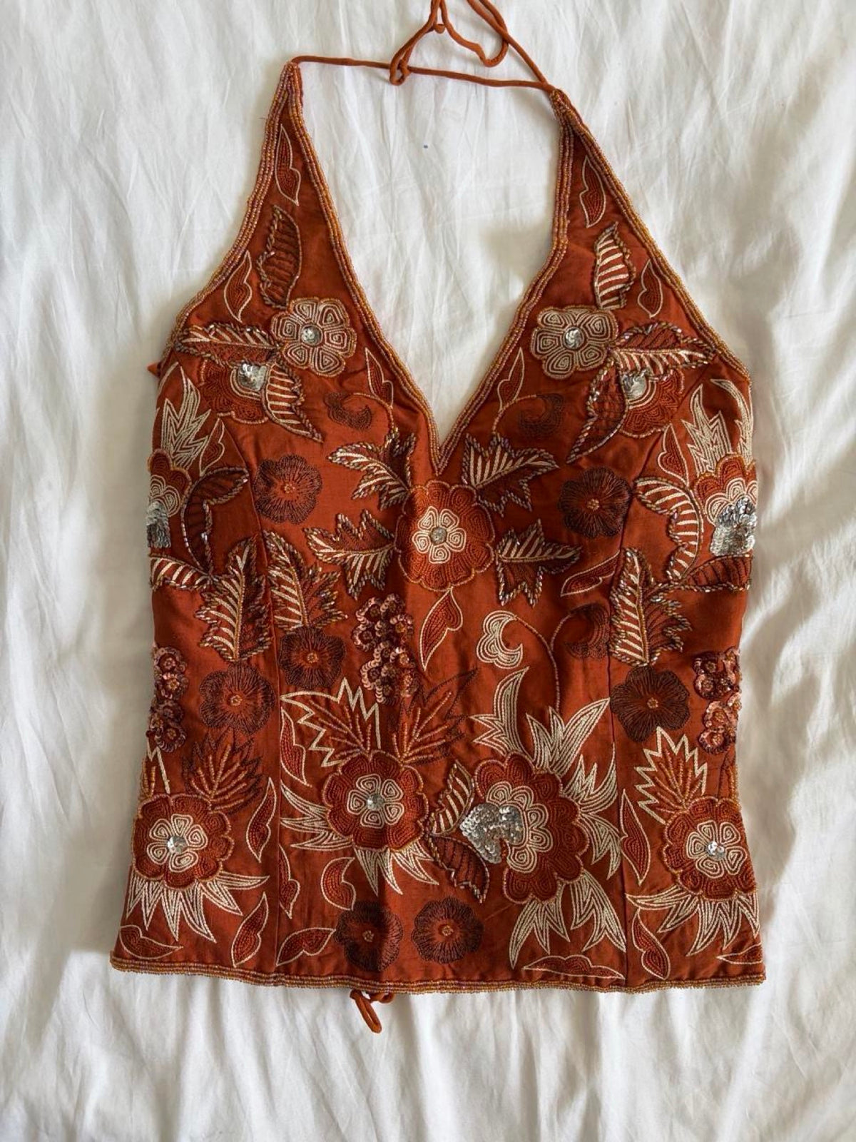 Vintage Y2K burnt orange silk beaded, bronze and silver sequin corset style halter - Size Medium