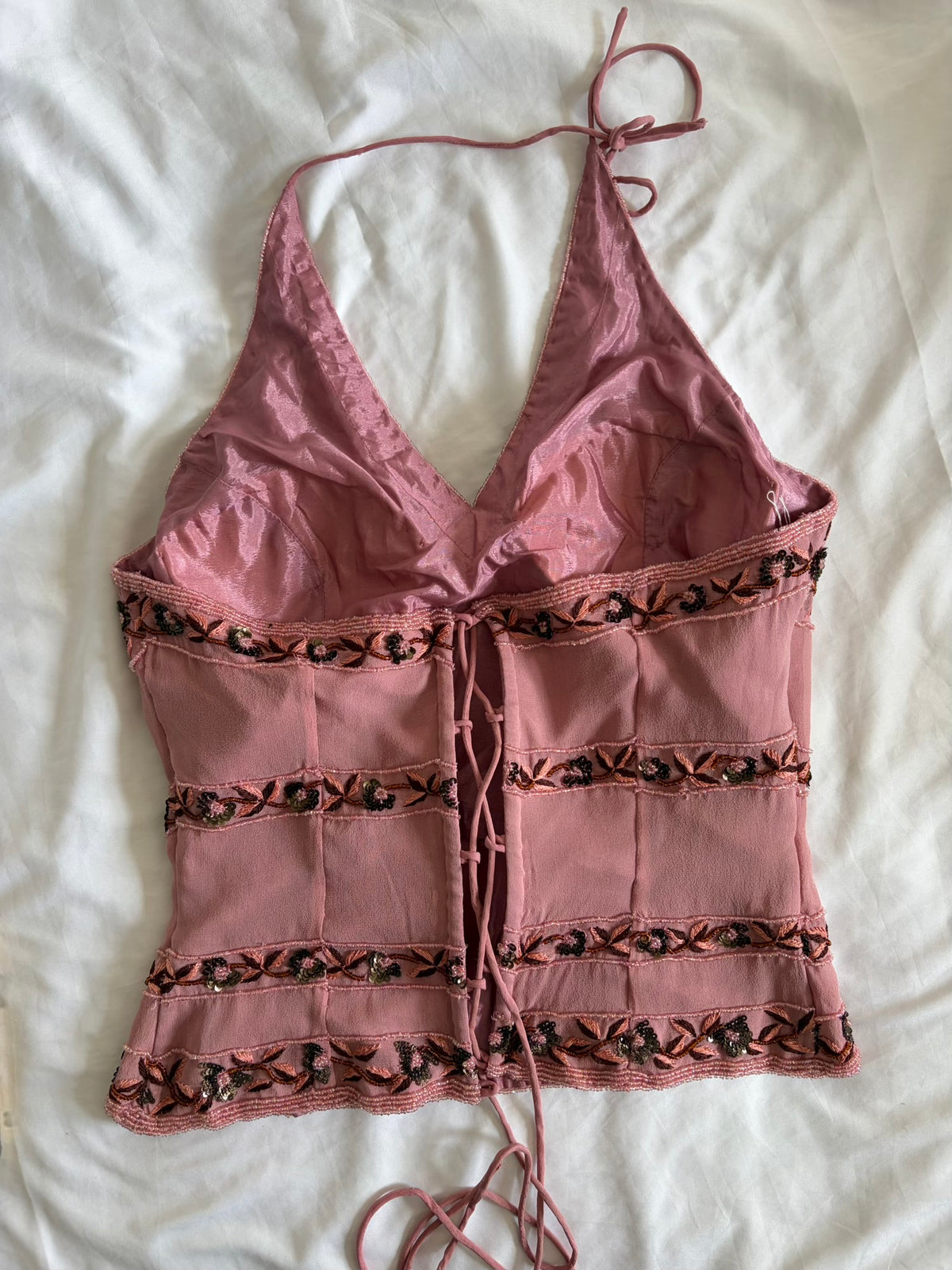 Vintage 2000s Aftershock Silk Dusty Pink Beaded Corset-Style Halter