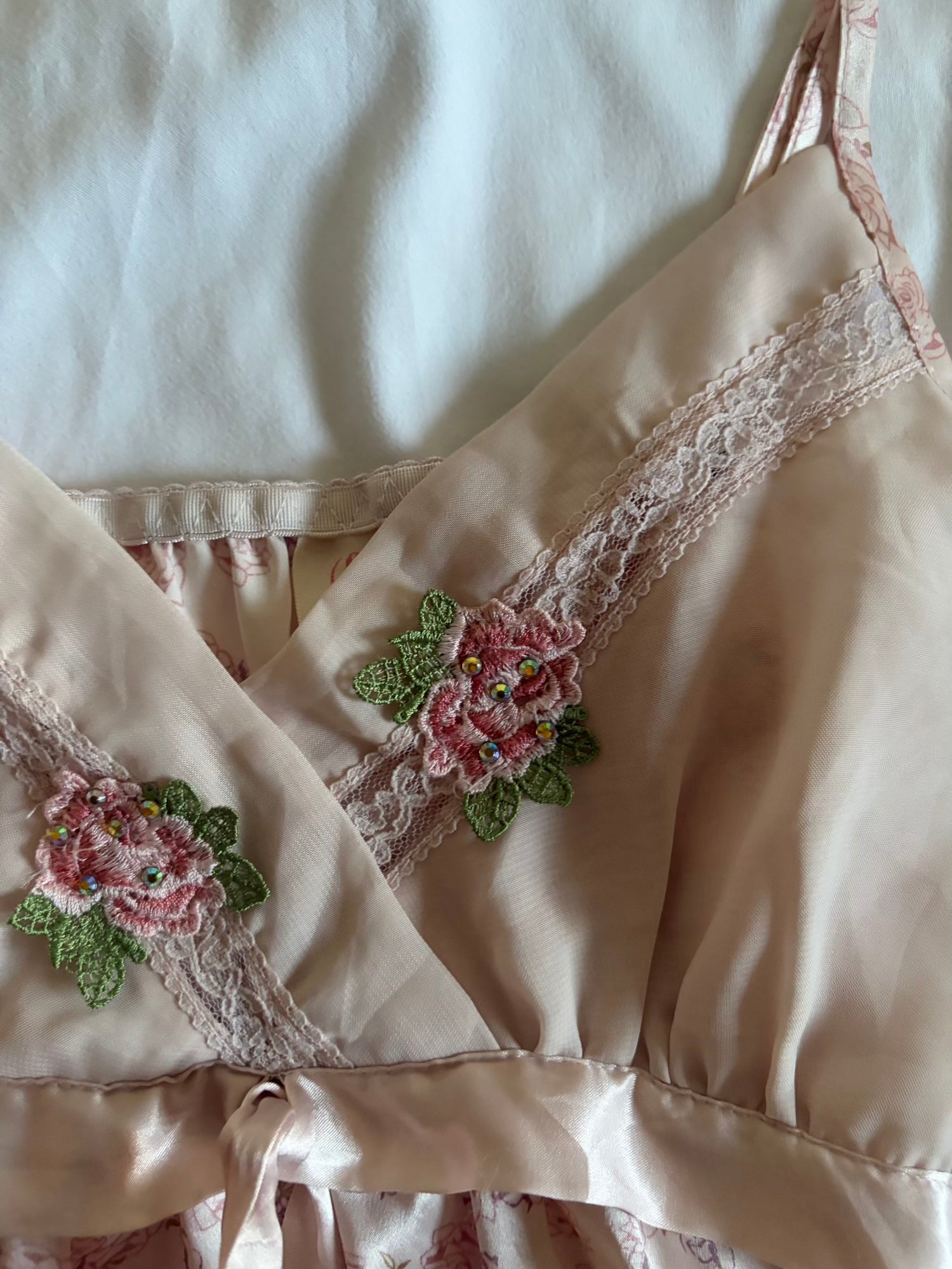 Vintage Y2K Japanese baby pink cami with embroidery on the bust and sequins with ribbon
