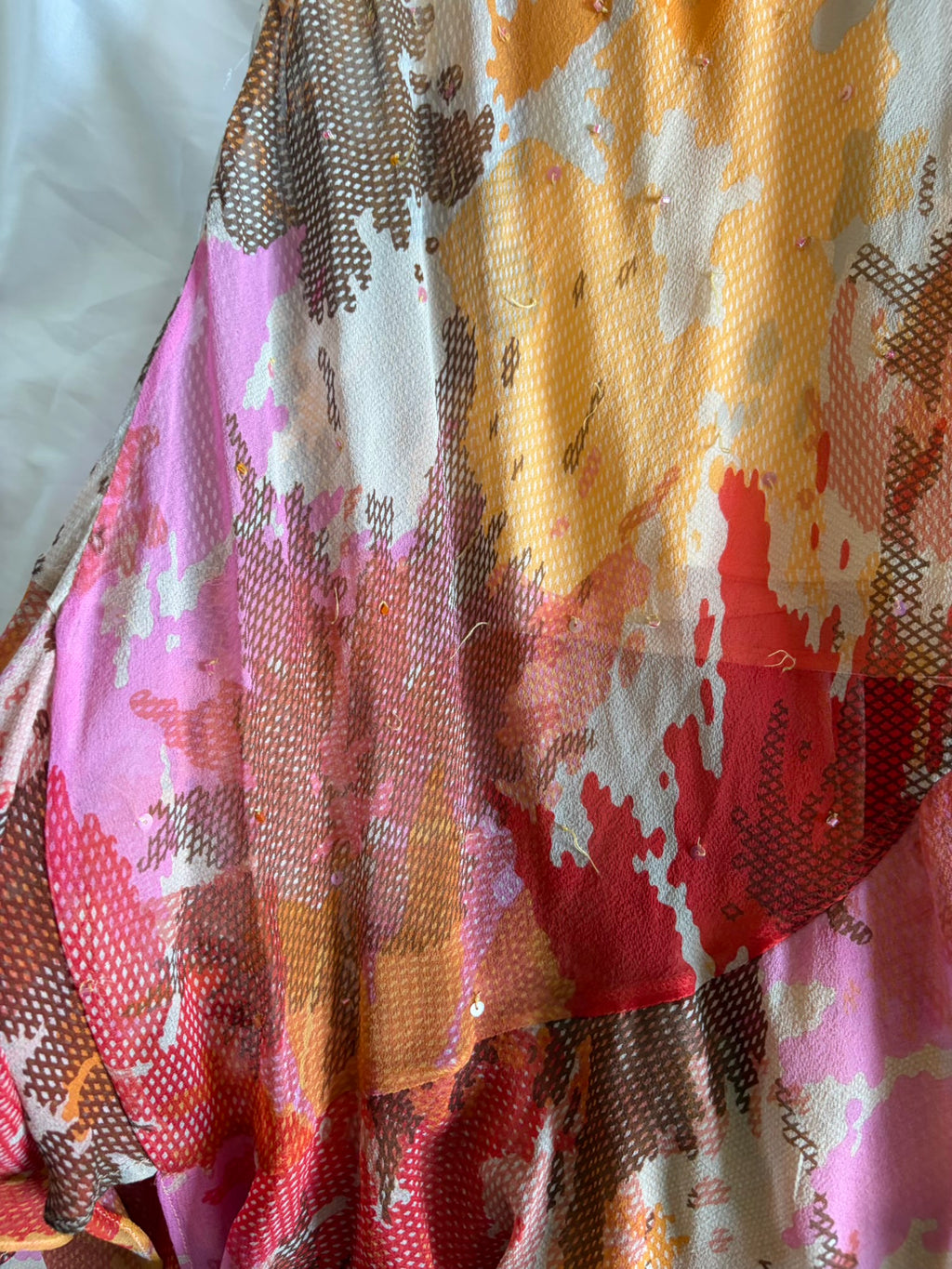Vintage Y2K Rare Silk Asymmetrical Hem Sunset Orange, Red and Brown Midi Dress with Beads and Sequins