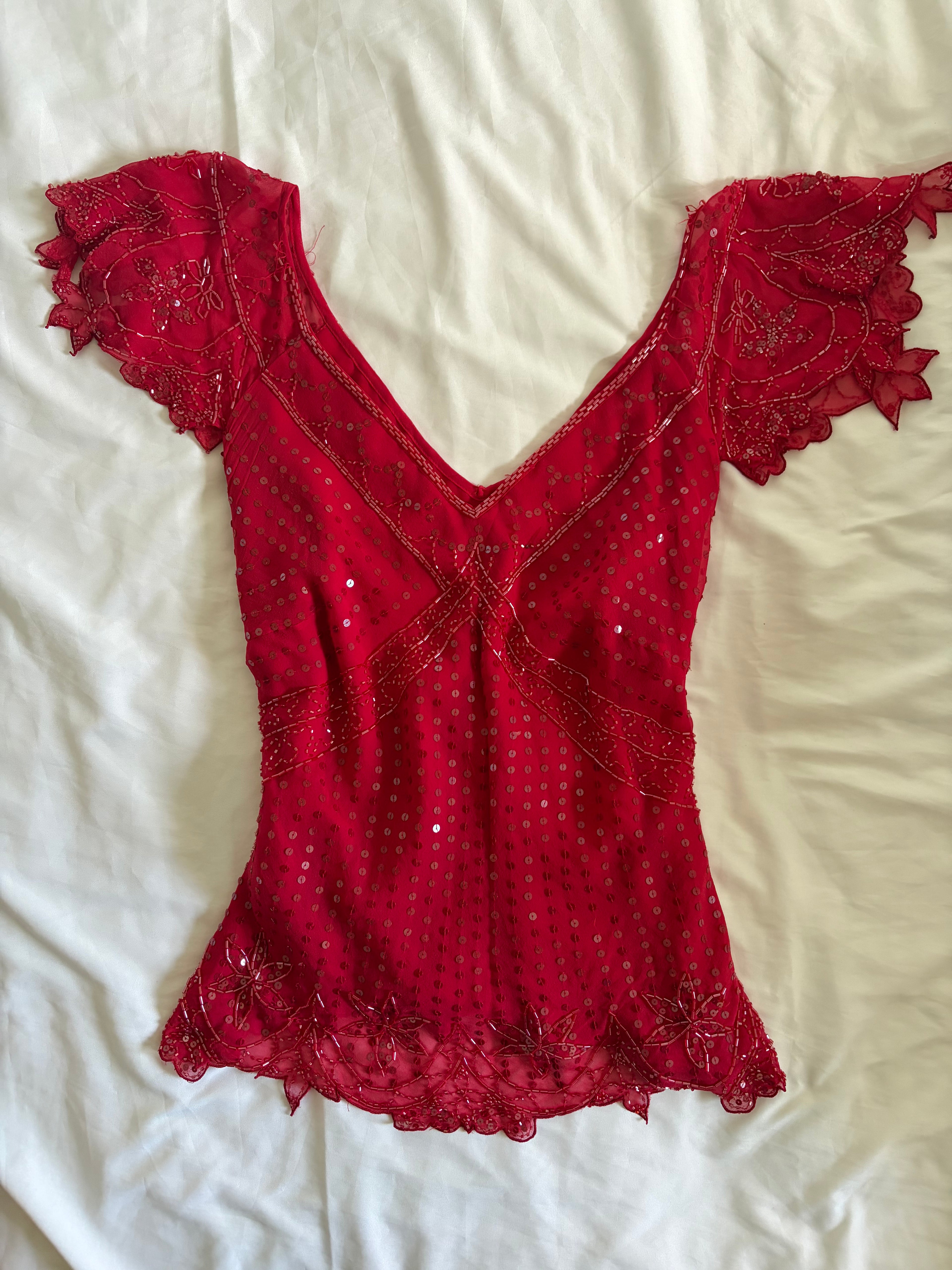 Vintage Y2K Silk Red Sequin and Beaded Cap Sleeve Top