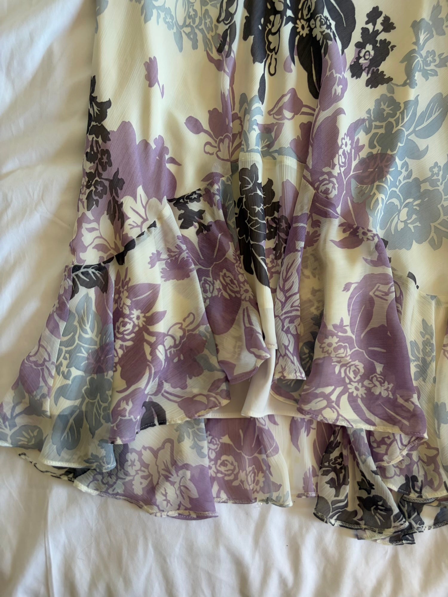 Vintage Y2K cream blue and purple floral floaty midi skirt