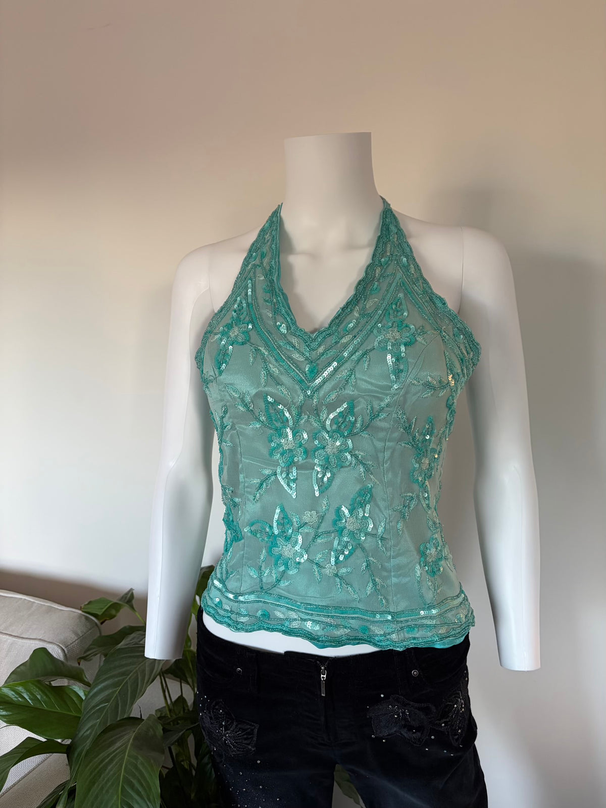 Vintage 2000s Aftershock Silk Aqua Blue Beaded Corset-Style Halter