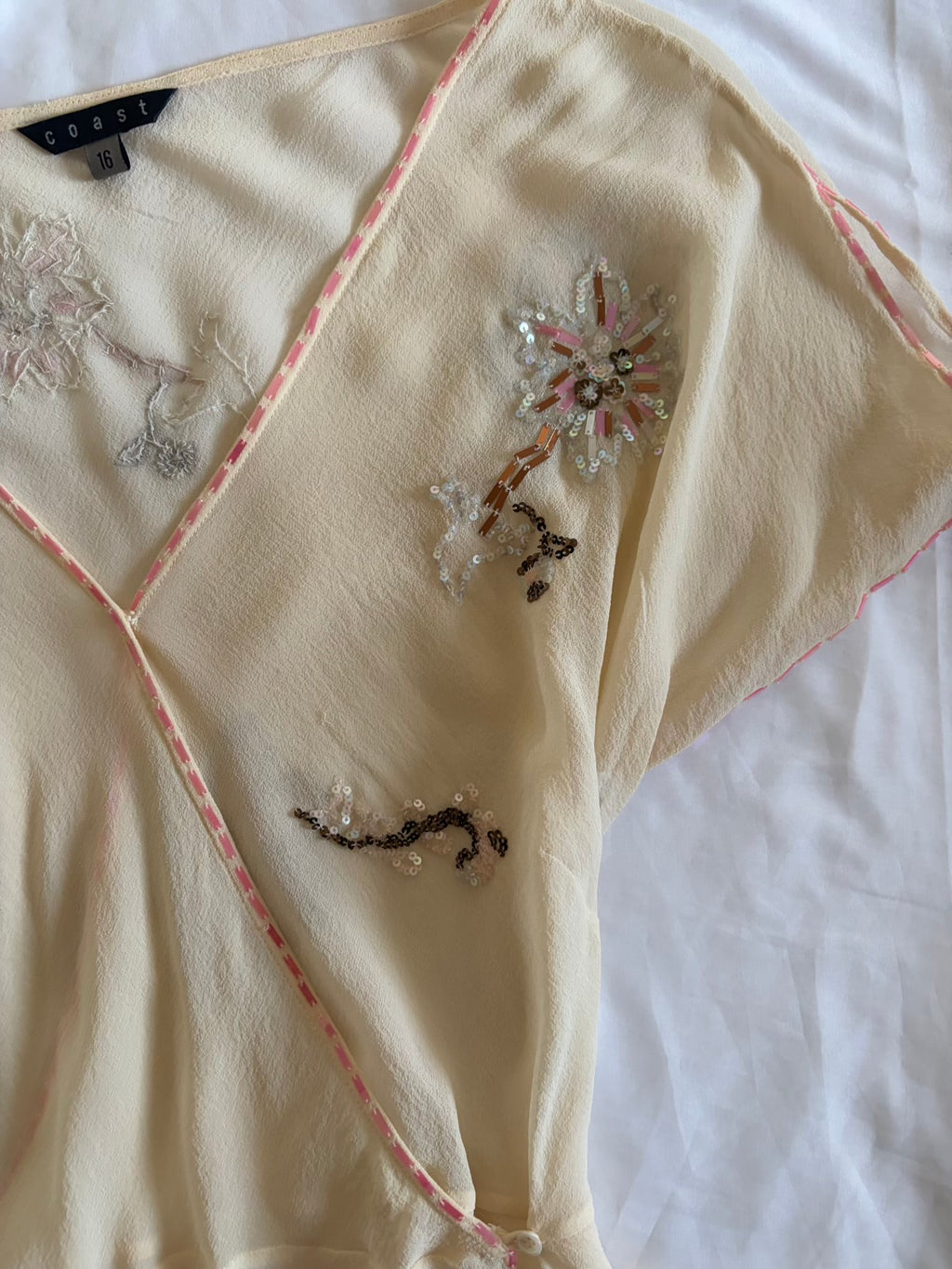 Vintage Y2K Cream Silk Asymmetrical Hem Wrap Blouse with Sequins and Beads