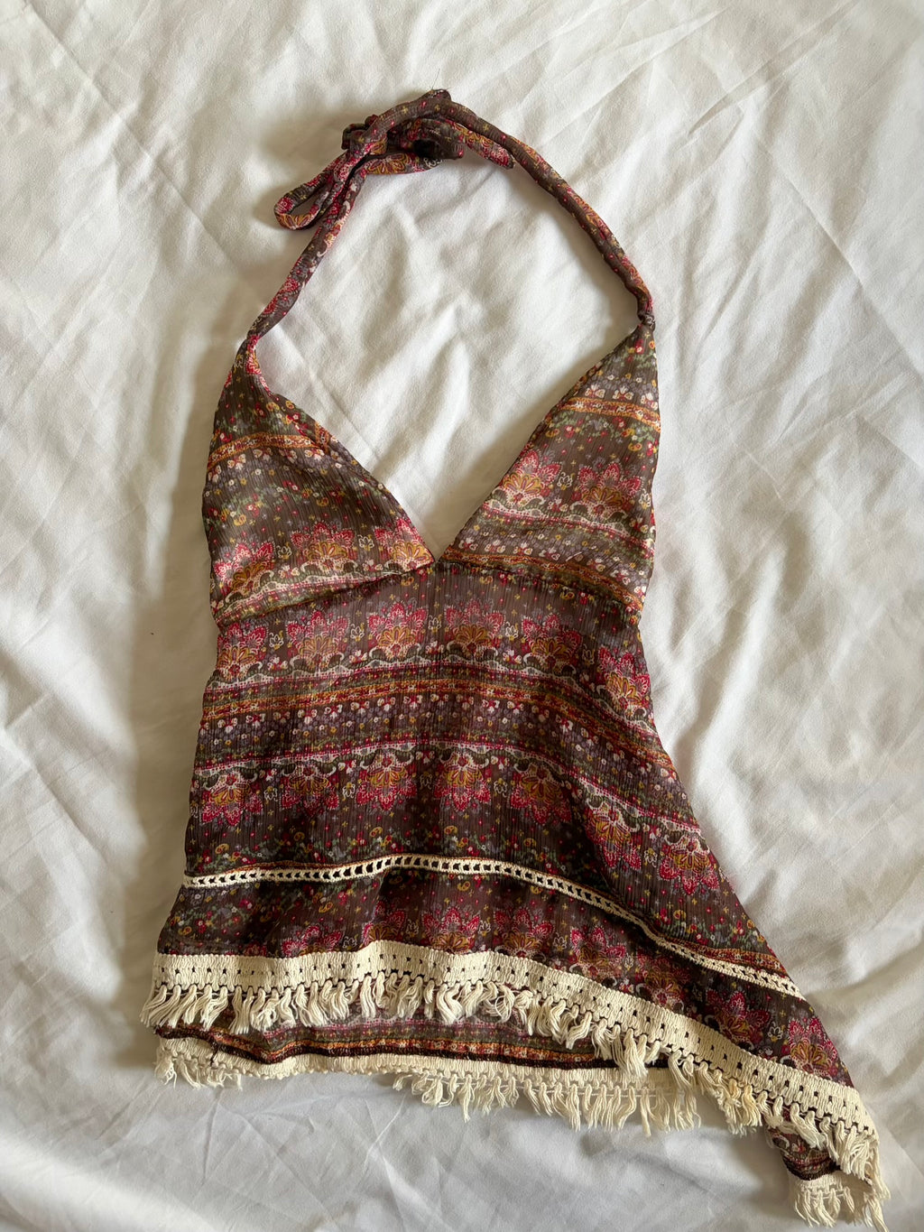 Vintage 1990s Asymmetrical Hem Paisley Open Back Halterneck Cami with Crochet