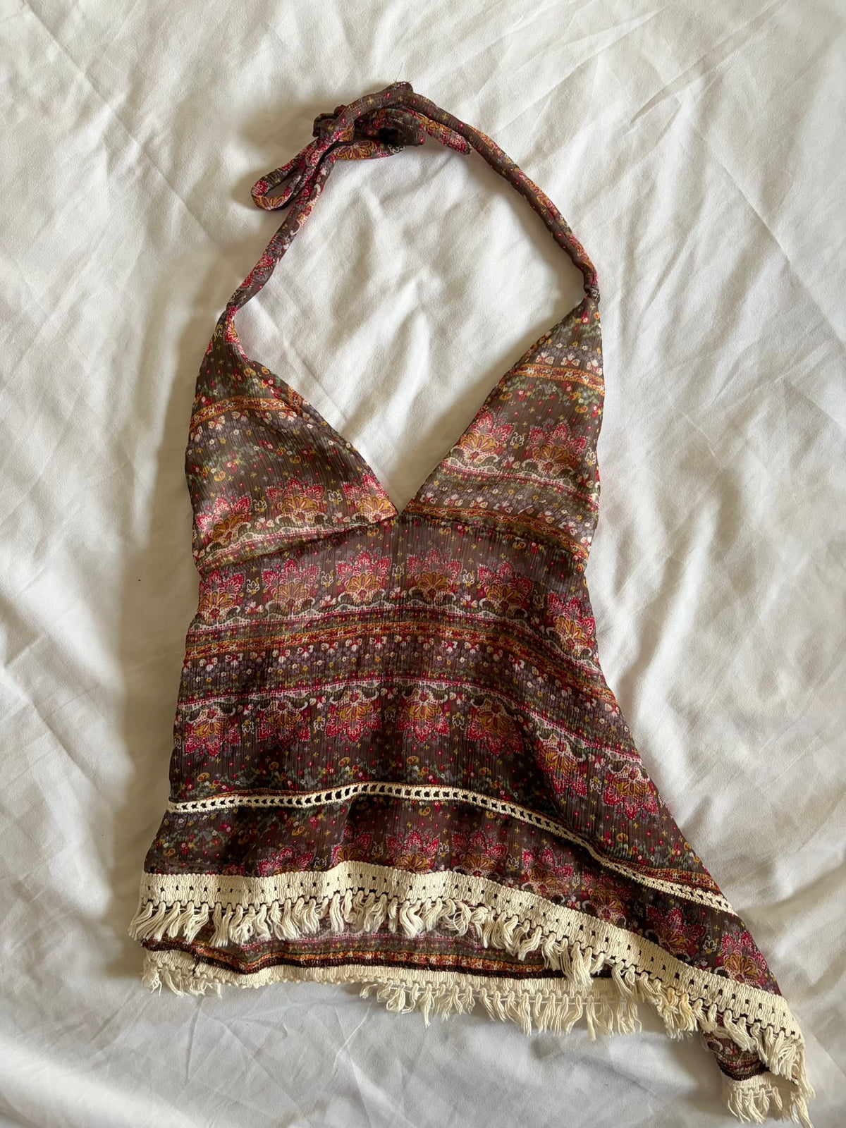 Vintage 1990s Asymmetrical Hem Paisley Open Back Halterneck Cami with Crochet