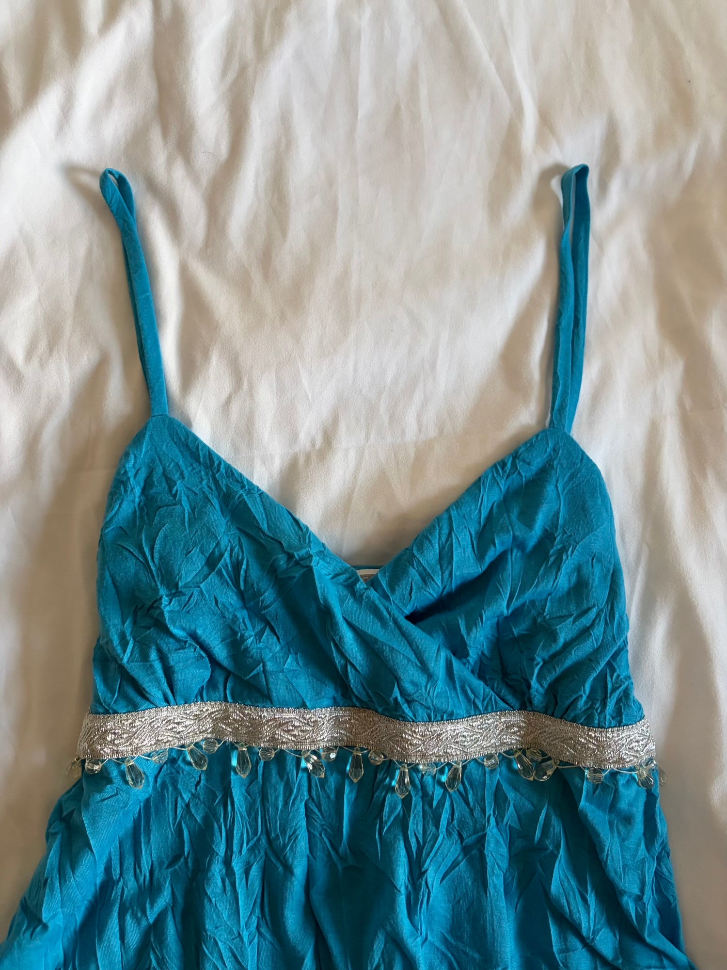 Vintage Y2K crinkle teal cami with underbust beaded detail and asymmetrical hem
