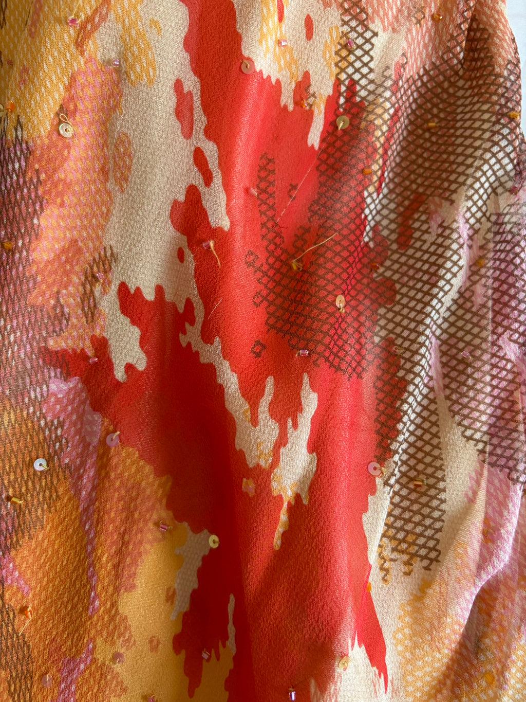 Vintage Y2K Rare Silk Asymmetrical Hem Sunset Orange, Red and Brown Midi Dress with Beads and Sequins
