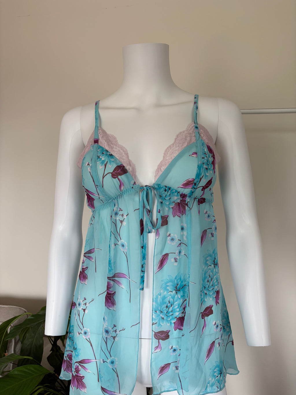 Vintage 2000s Blue Floral Tie-Bust Lace Cami