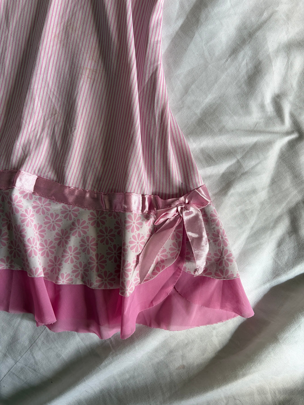 Vintage 2000s Pink Pinstripe and Floral Mini with Mesh Ruffle Hem