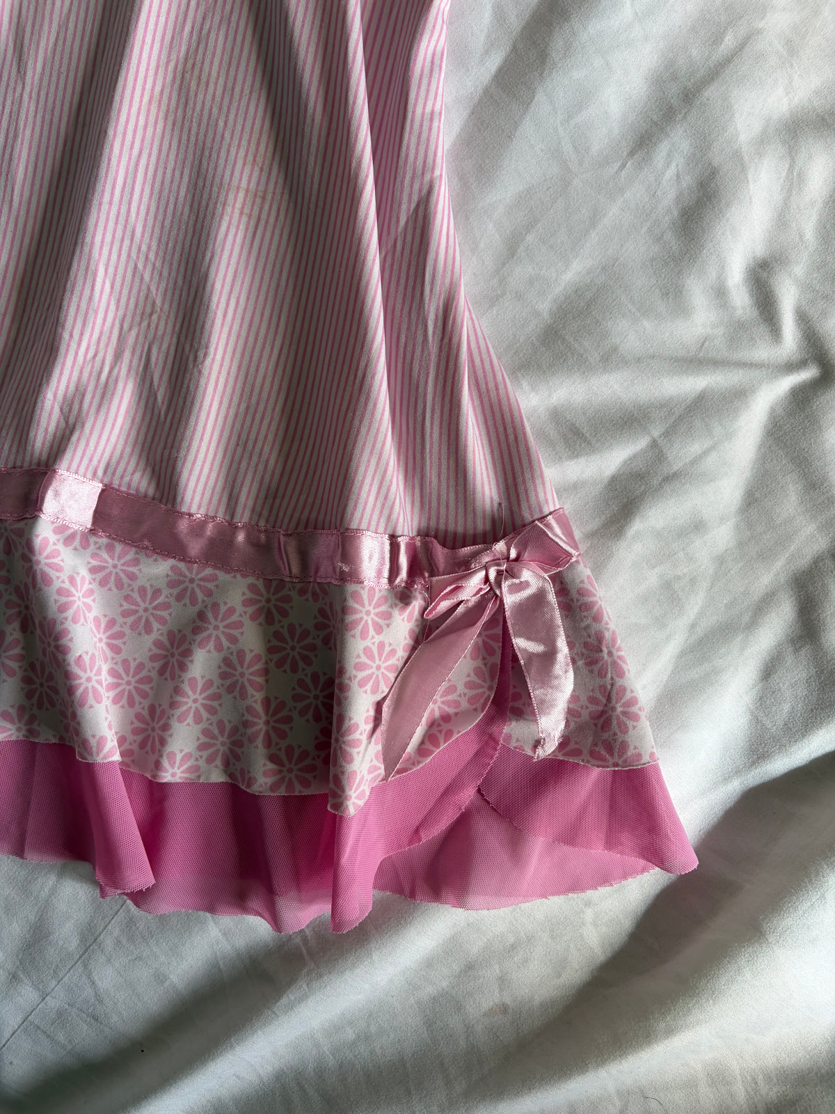 Vintage 2000s Pink Pinstripe and Floral Mini with Mesh Ruffle Hem