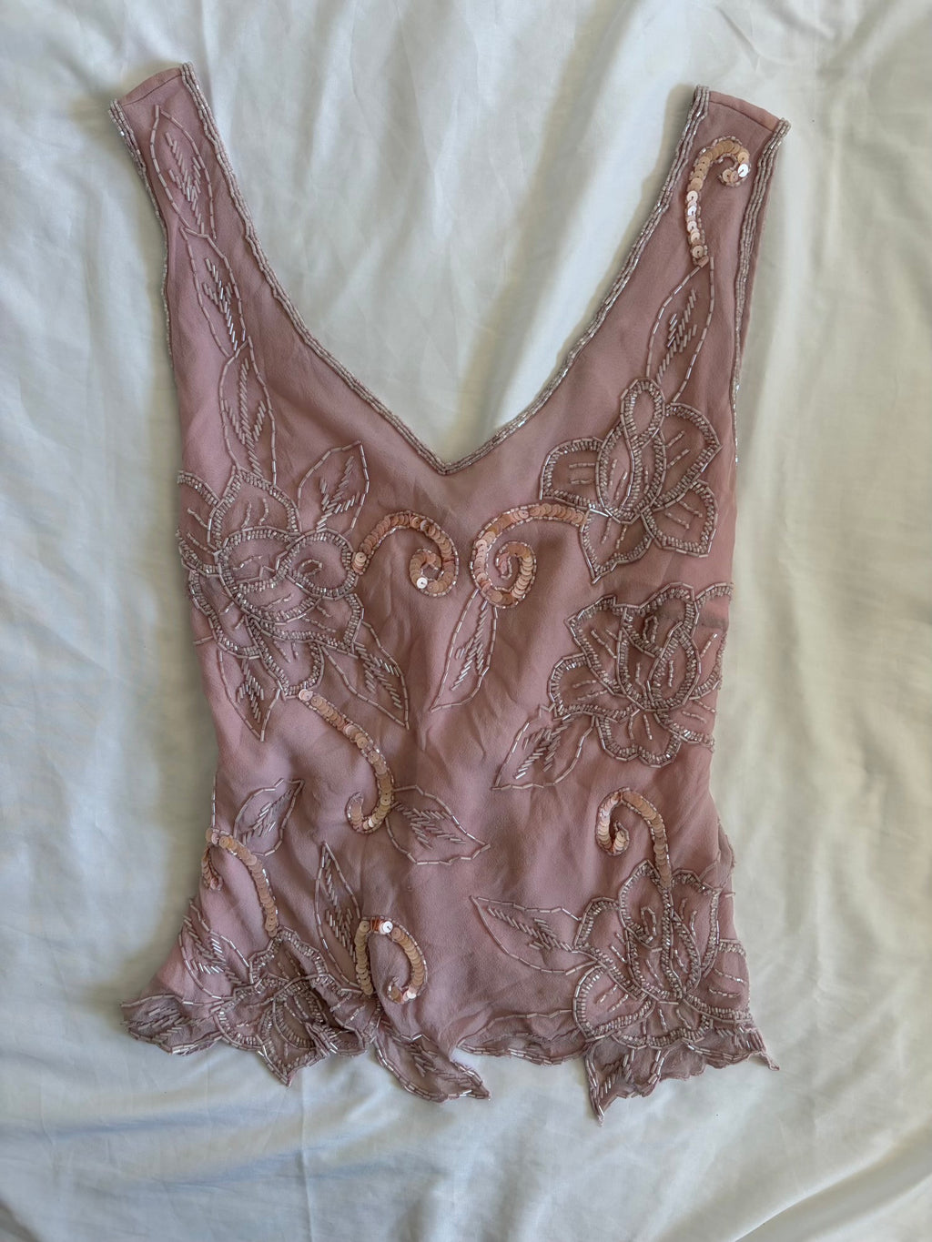 Vintage Y2K Silk Rose Pink Heavily Beaded and Sequin Top
