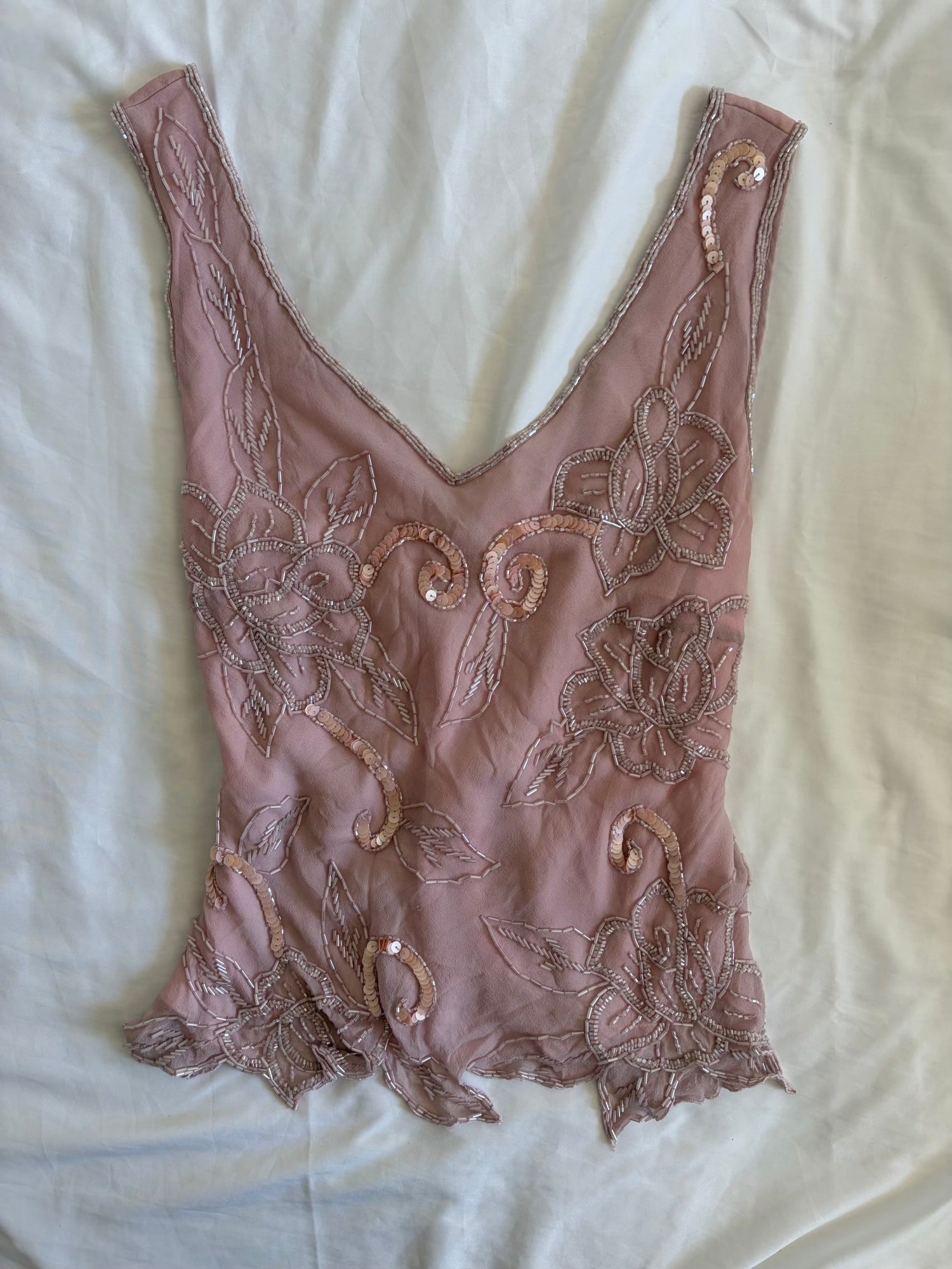 Vintage Y2K Silk Rose Pink Heavily Beaded and Sequin Top
