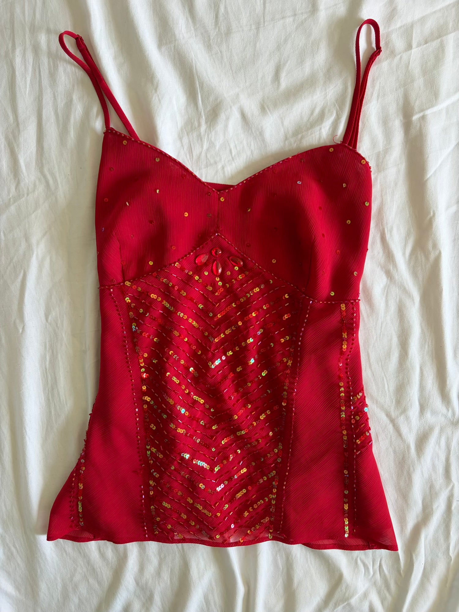 Vintage Y2K Sequin and Beaded Red Floaty Cami